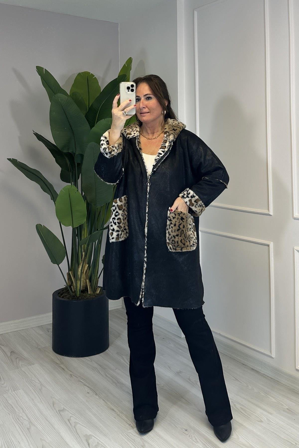 İçi Tüylü Desenli Nubuk Mont Siyah