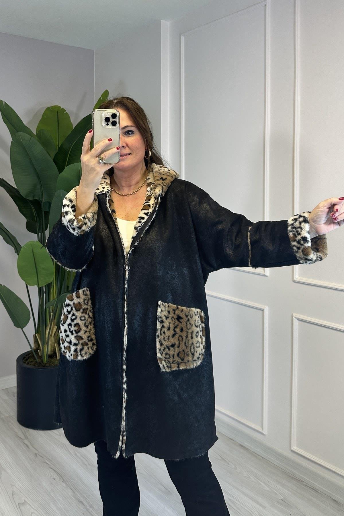 İçi Tüylü Desenli Nubuk Mont Siyah