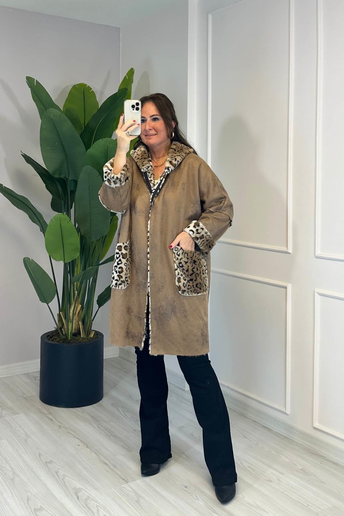 İçi Tüylü Ve Desenli Nubuk Kaban Kahverengi