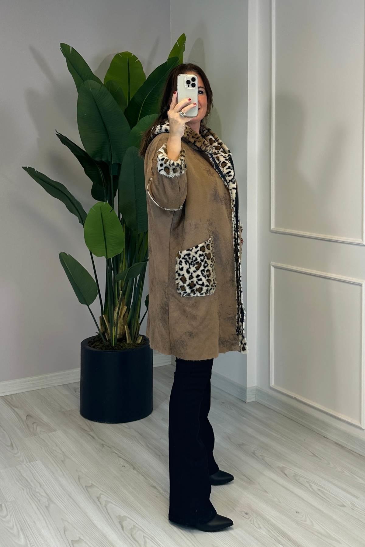 İçi Tüylü Ve Desenli Nubuk Kaban Kahverengi