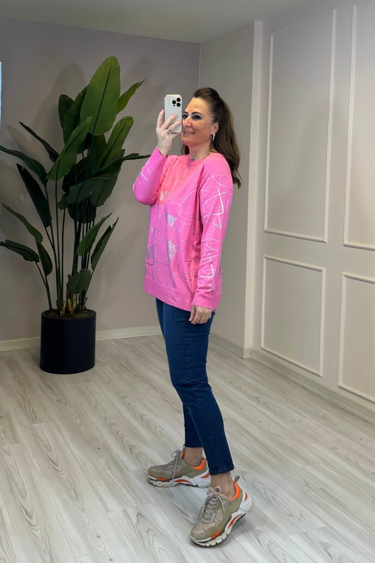İmza Taş Desenli Yuvarlak Yaka Triko Pembe