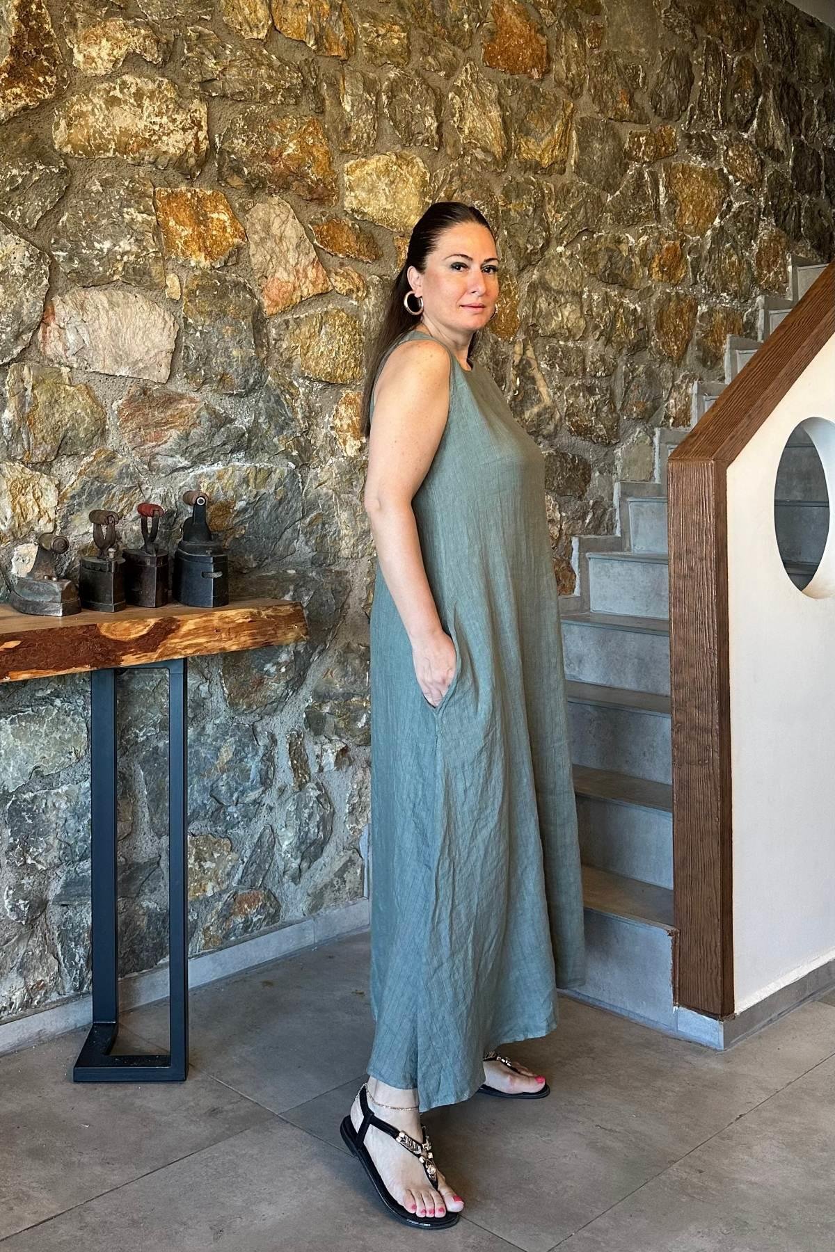 İnce Çizgili Sıfır Kol İthal Keten Elbise Haki Yeşil