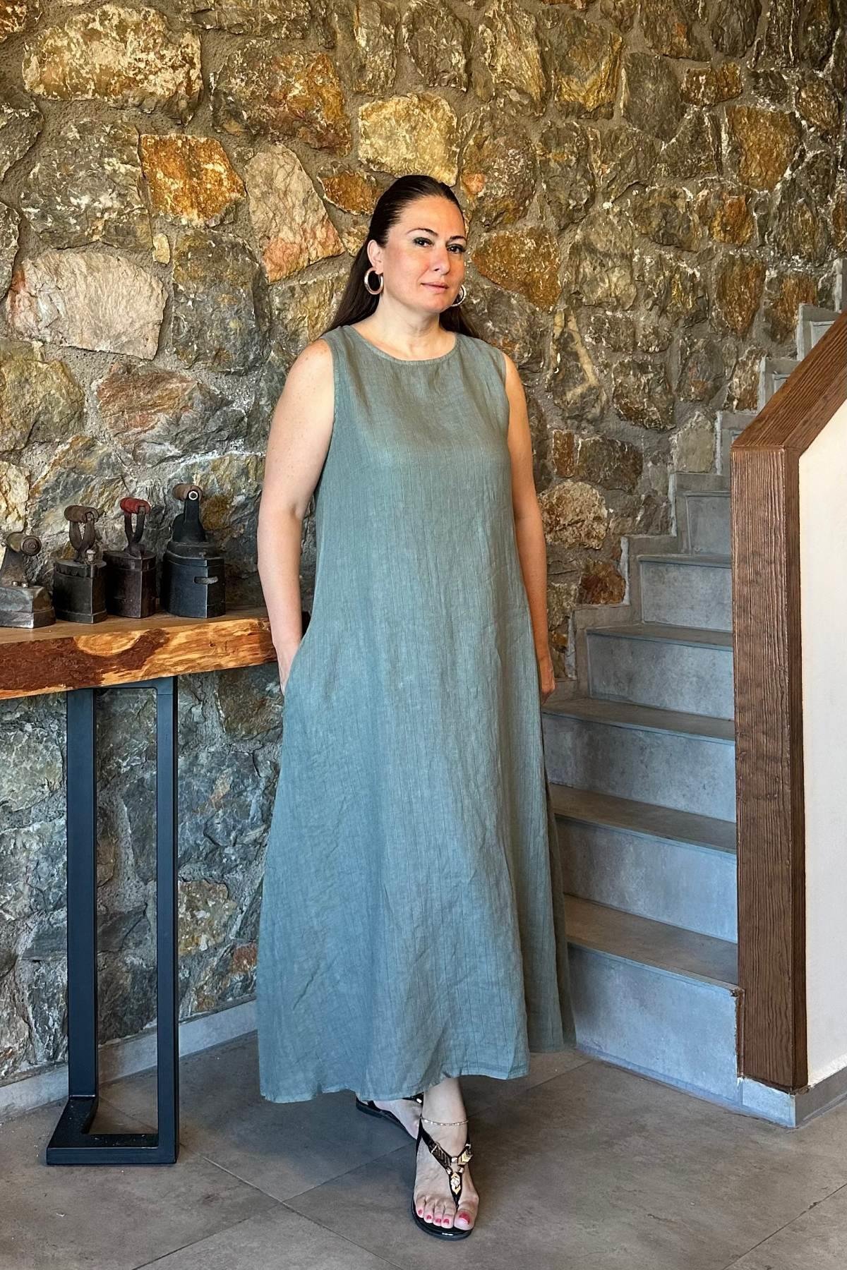 İnce Çizgili Sıfır Kol İthal Keten Elbise Haki Yeşil