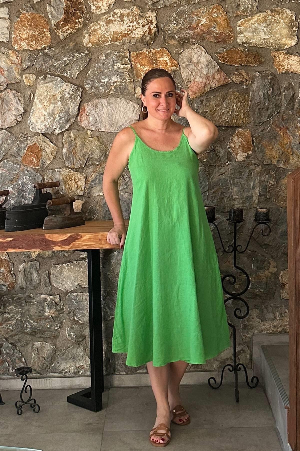 İp Askılı Keten Elbise Yeşil