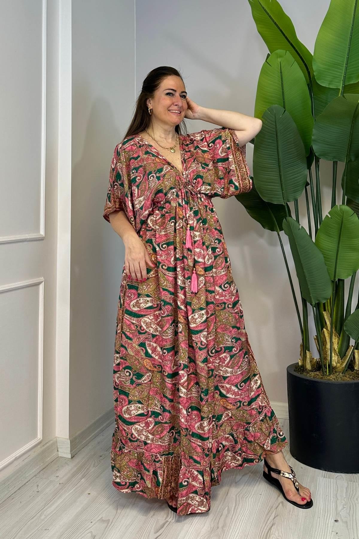 İp Büzgü Detaylı Hint İpek Elbise Pembe