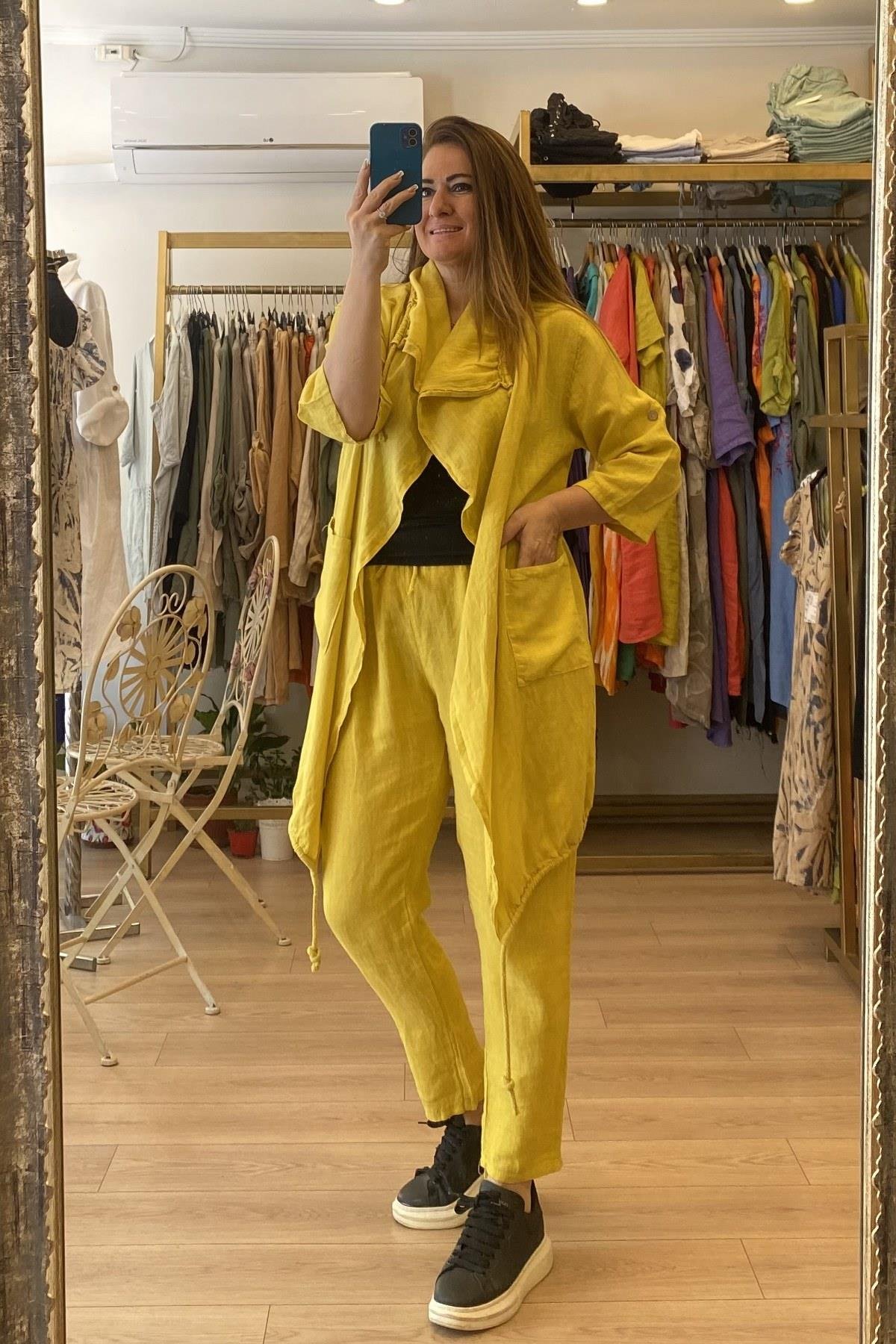 İp Detaylı Sırt Desenli Ceket Hardal Sarı