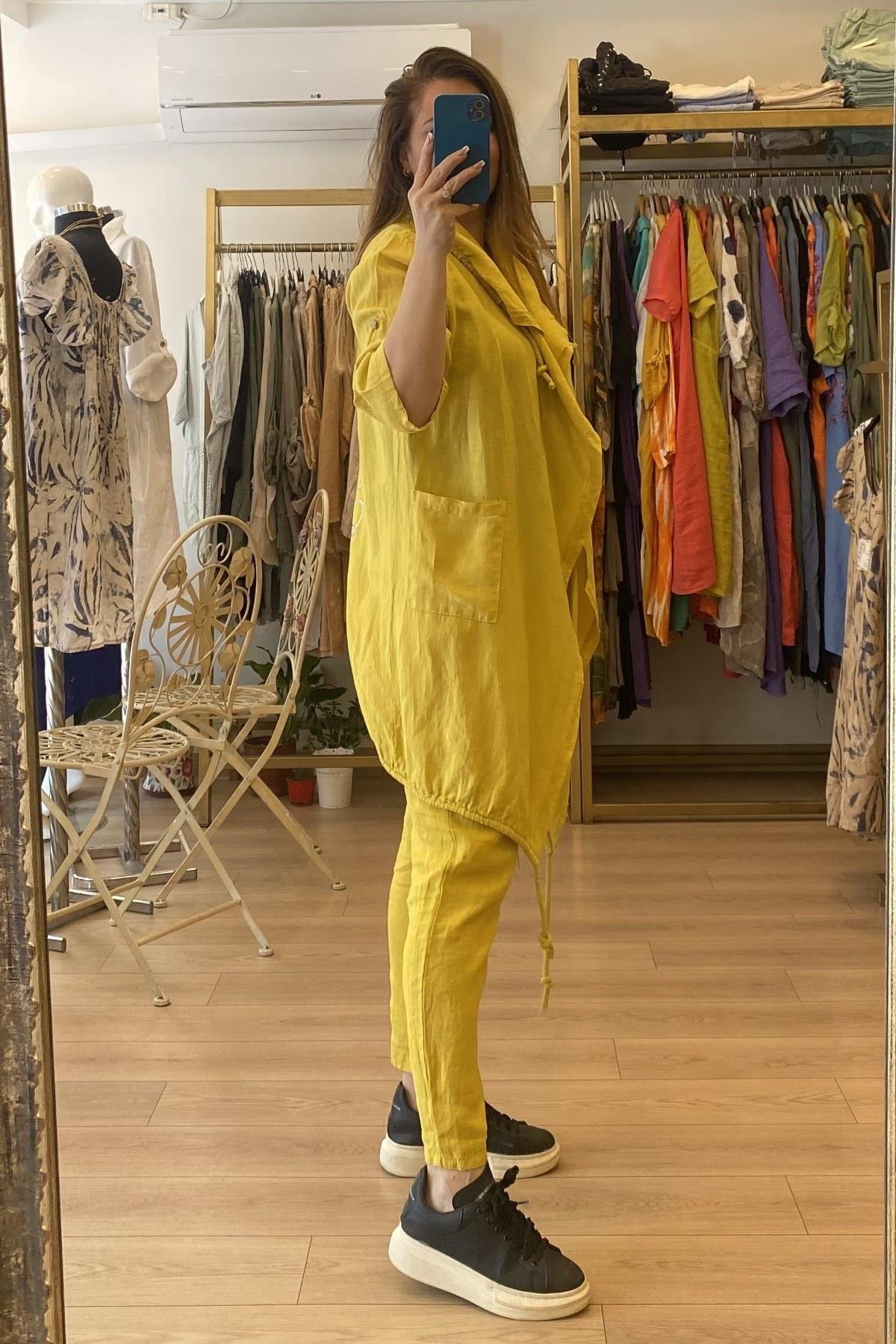 İp Detaylı Sırt Desenli Ceket Hardal Sarı