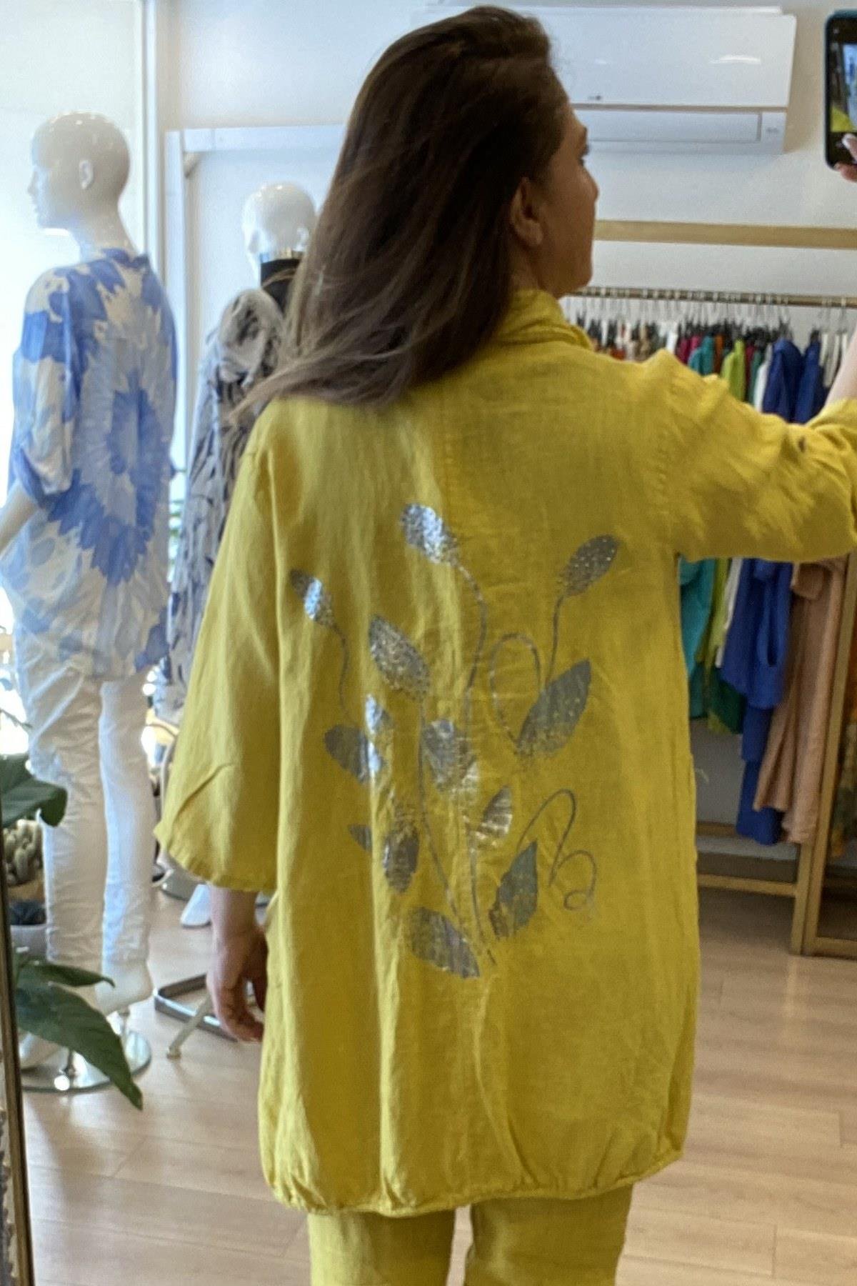 İp Detaylı Sırt Desenli Ceket Hardal Sarı