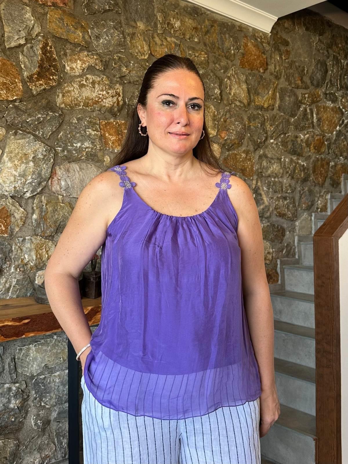 İpek Papatyalı Bluz Mor