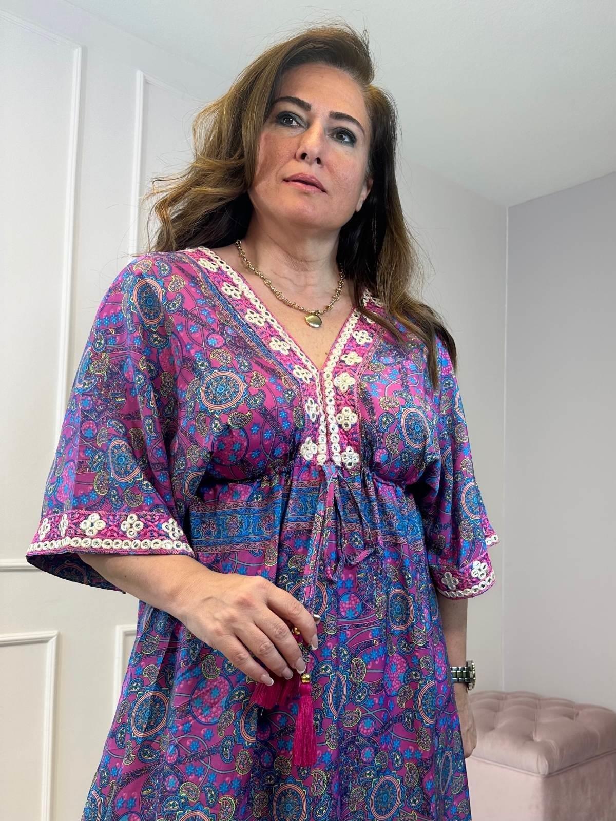 İthal Hint İpek Yaka Ve Kol İşleme Detaylı Elbise Mor