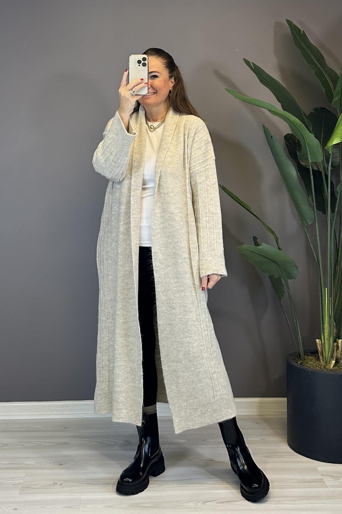 Kalın Fitilli Hırka Açık Bej