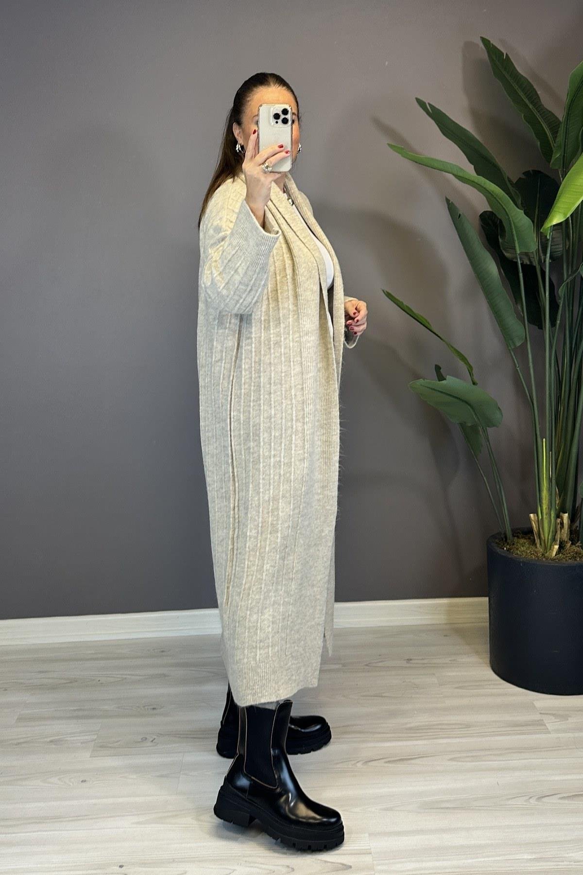 Kalın Fitilli Hırka Açık Bej