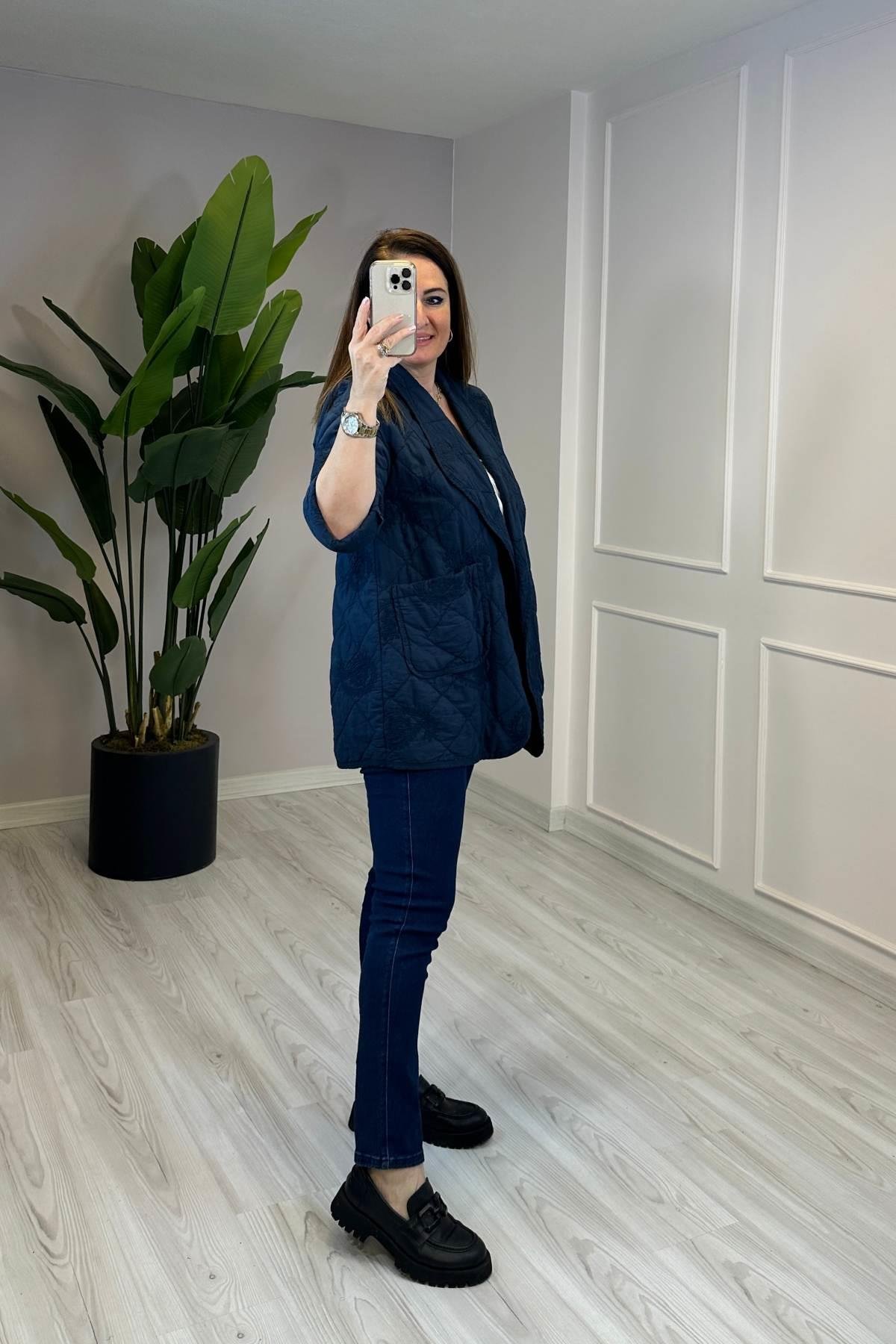 Kapitone Şal Desenli Ceket Uzun Lacivert