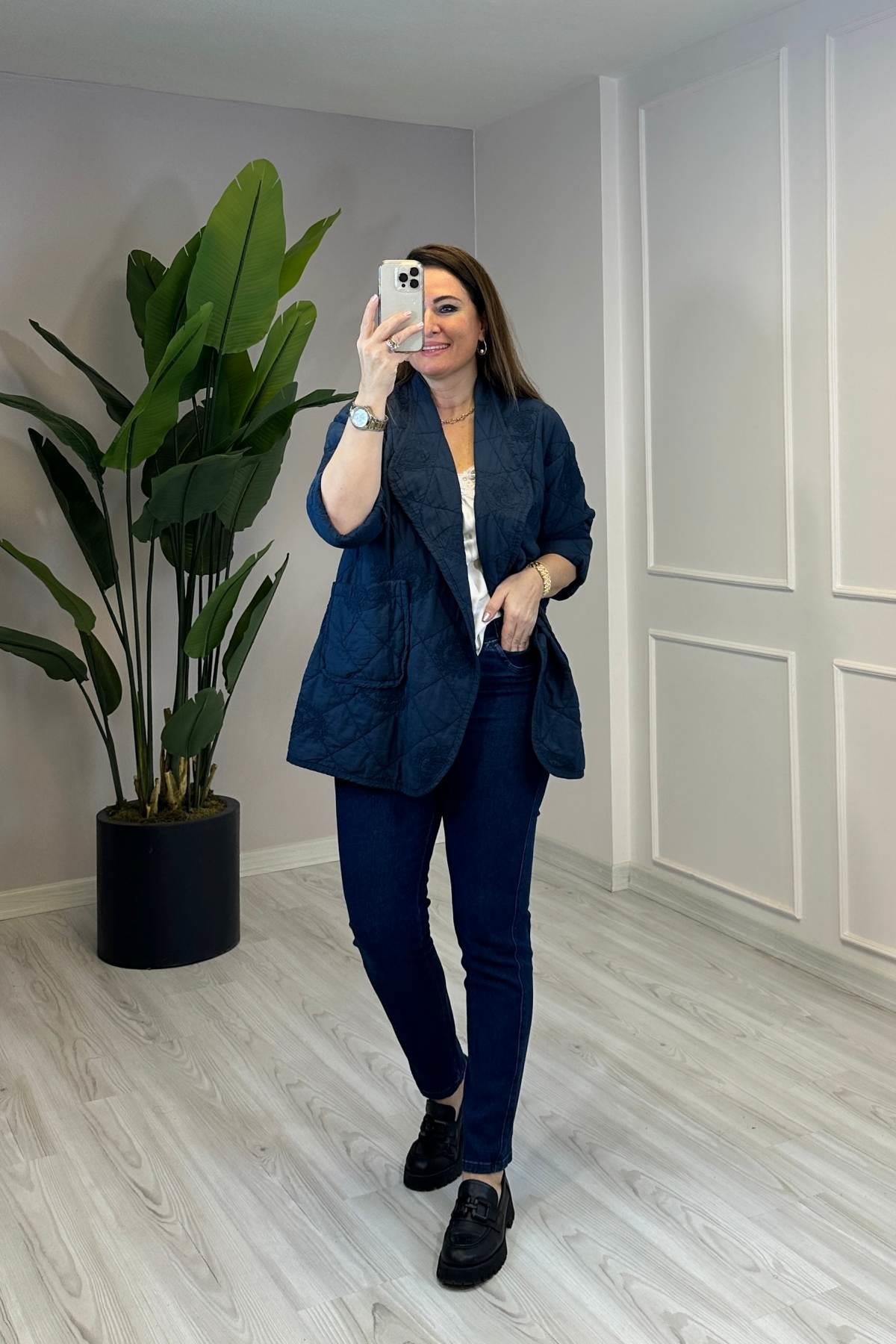 Kapitone Şal Desenli Ceket Uzun Lacivert