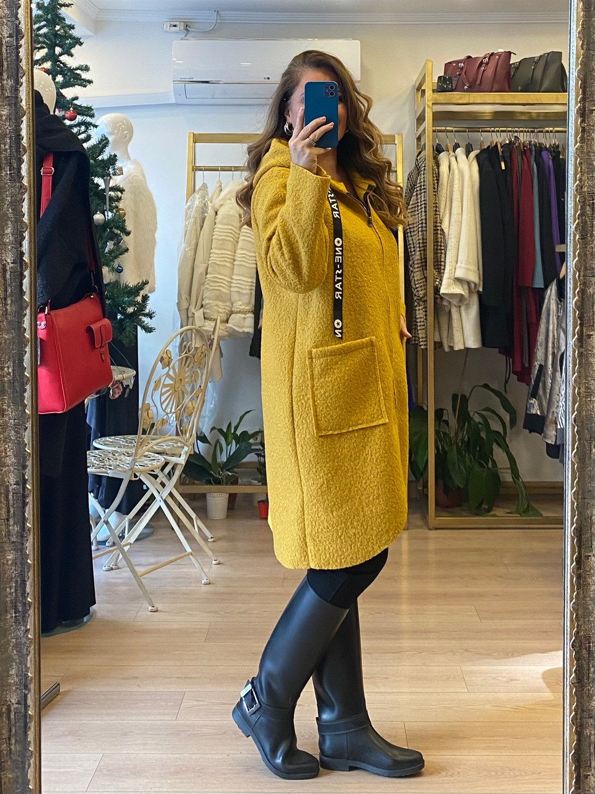 Kapüşonlu Buklet Ceket Hardal