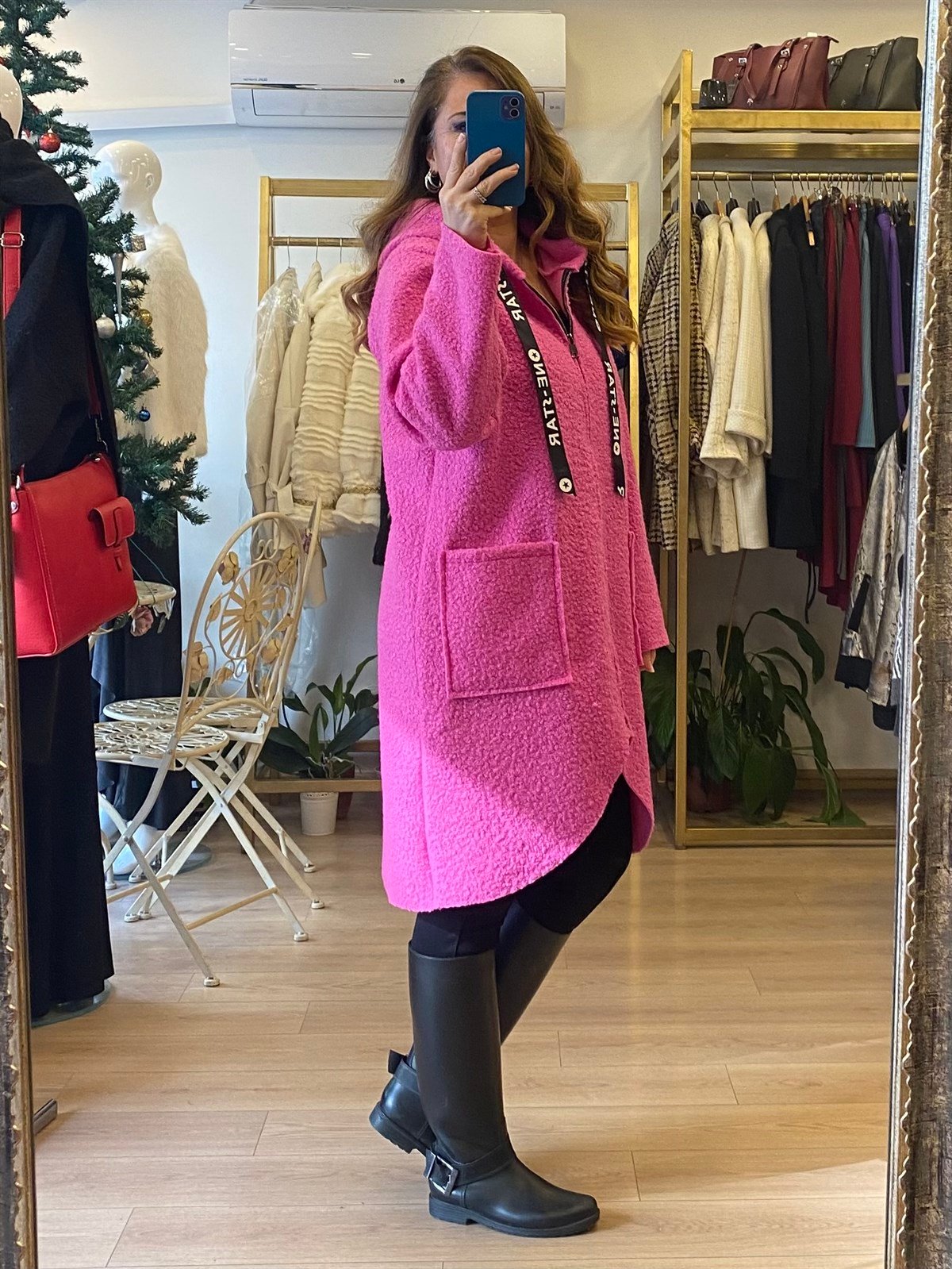 Kapüşonlu Buklet Ceket Pembe