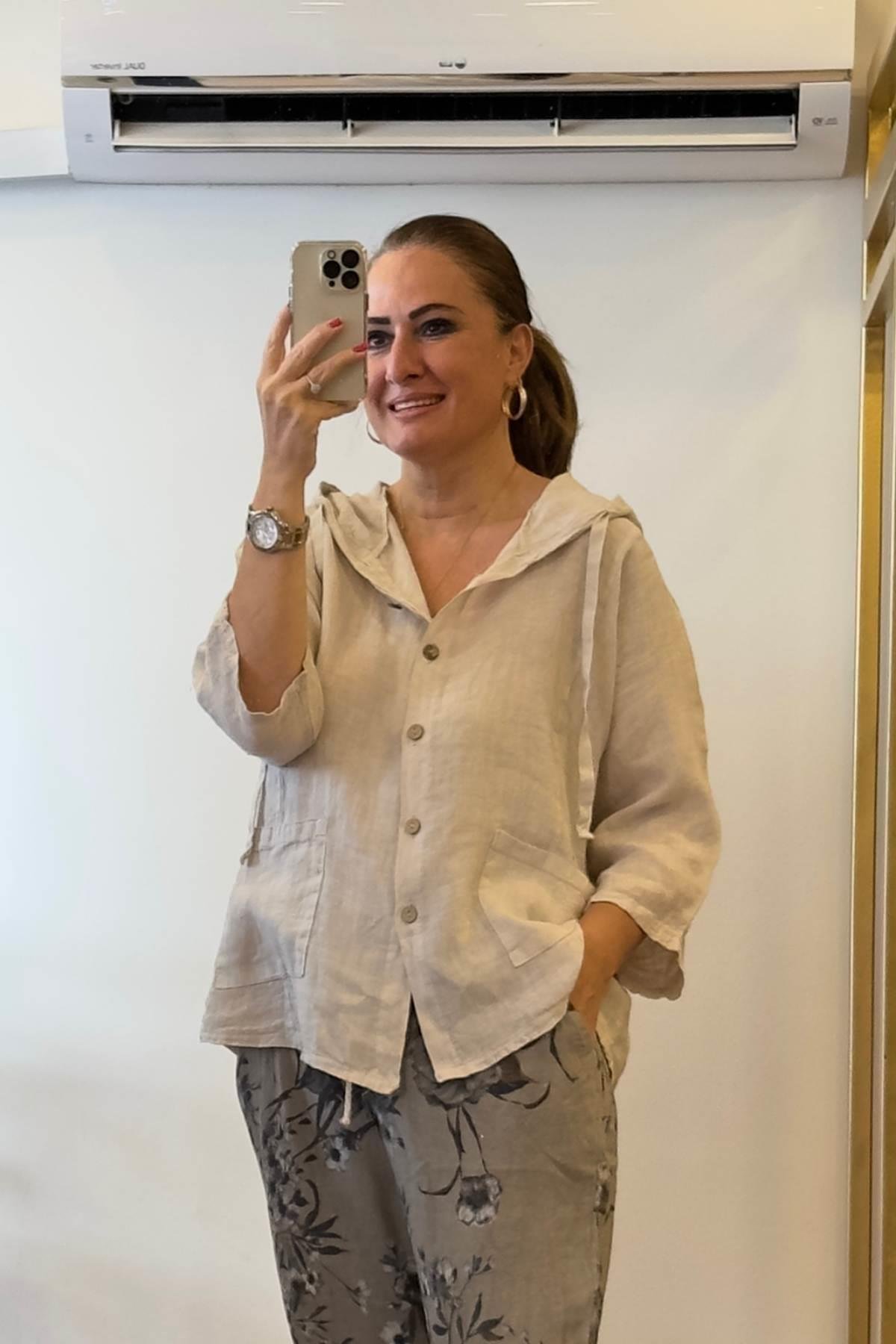 Kapüşonlu Düğmeli Keten Ceket Bej