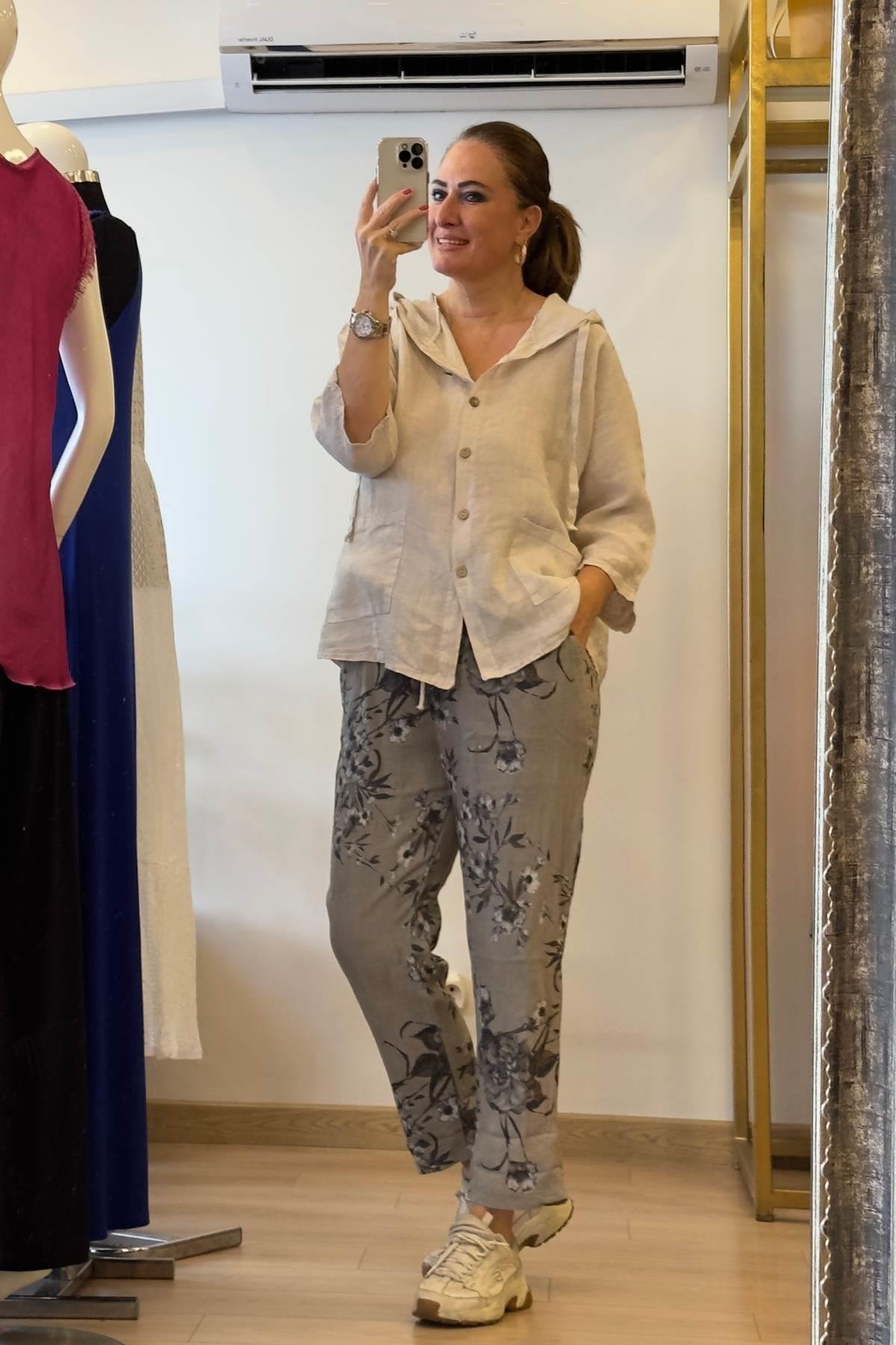 Kapüşonlu Düğmeli Keten Ceket Bej