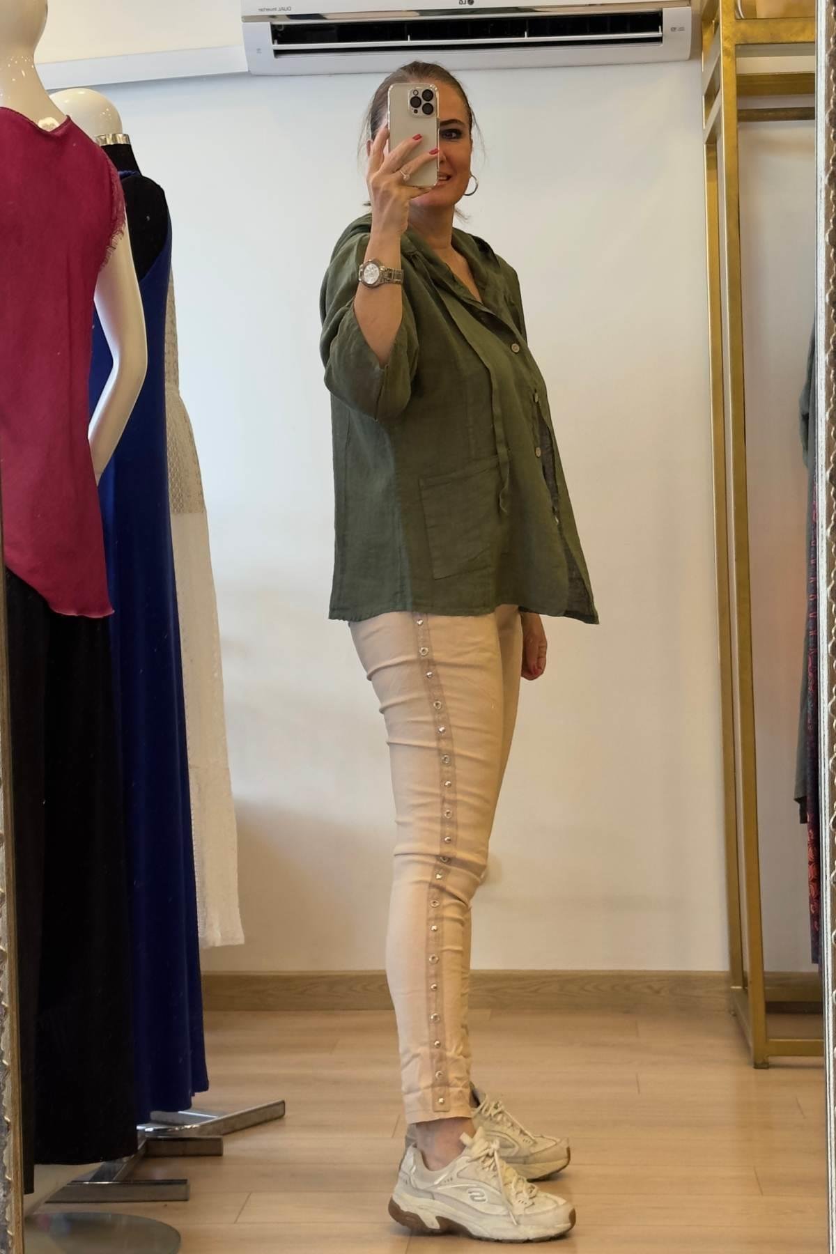 Kapüşonlu Düğmeli Keten Ceket Haki Yeşil