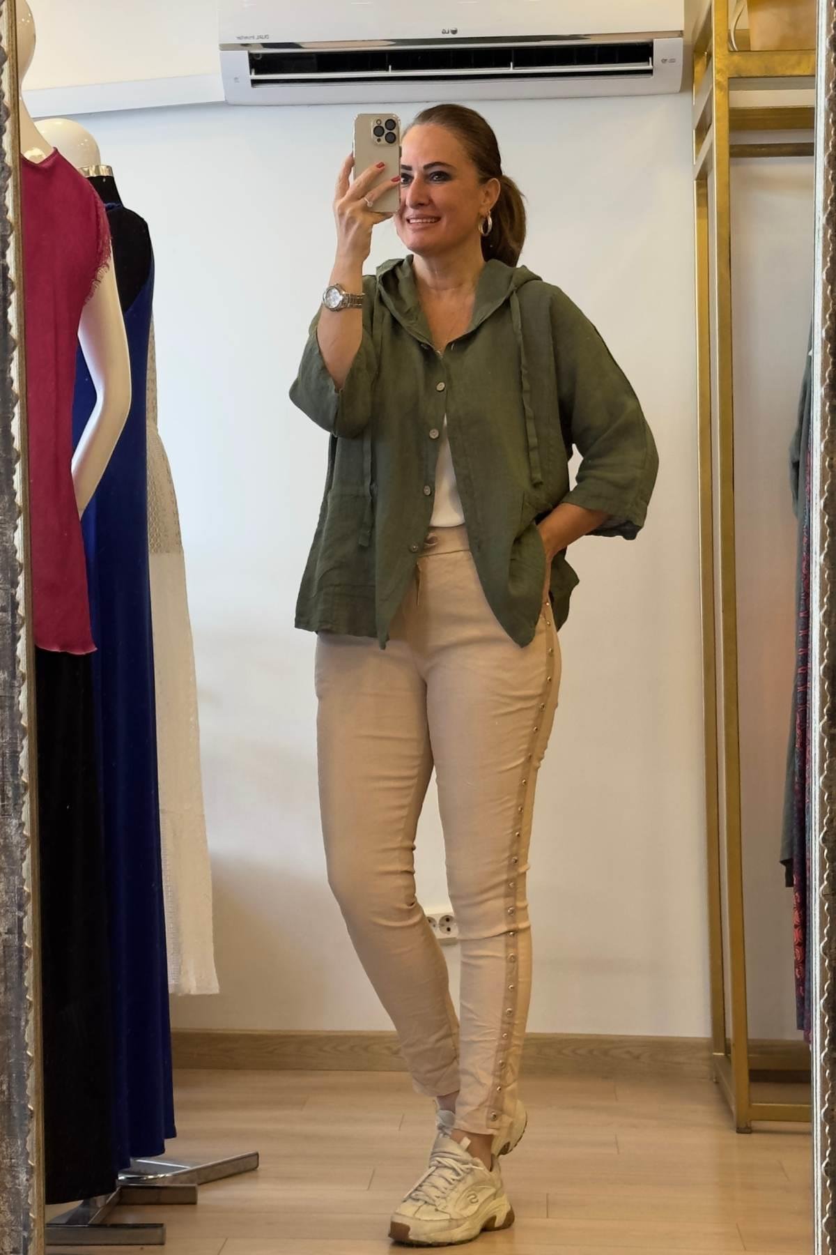 Kapüşonlu Düğmeli Keten Ceket Haki Yeşil