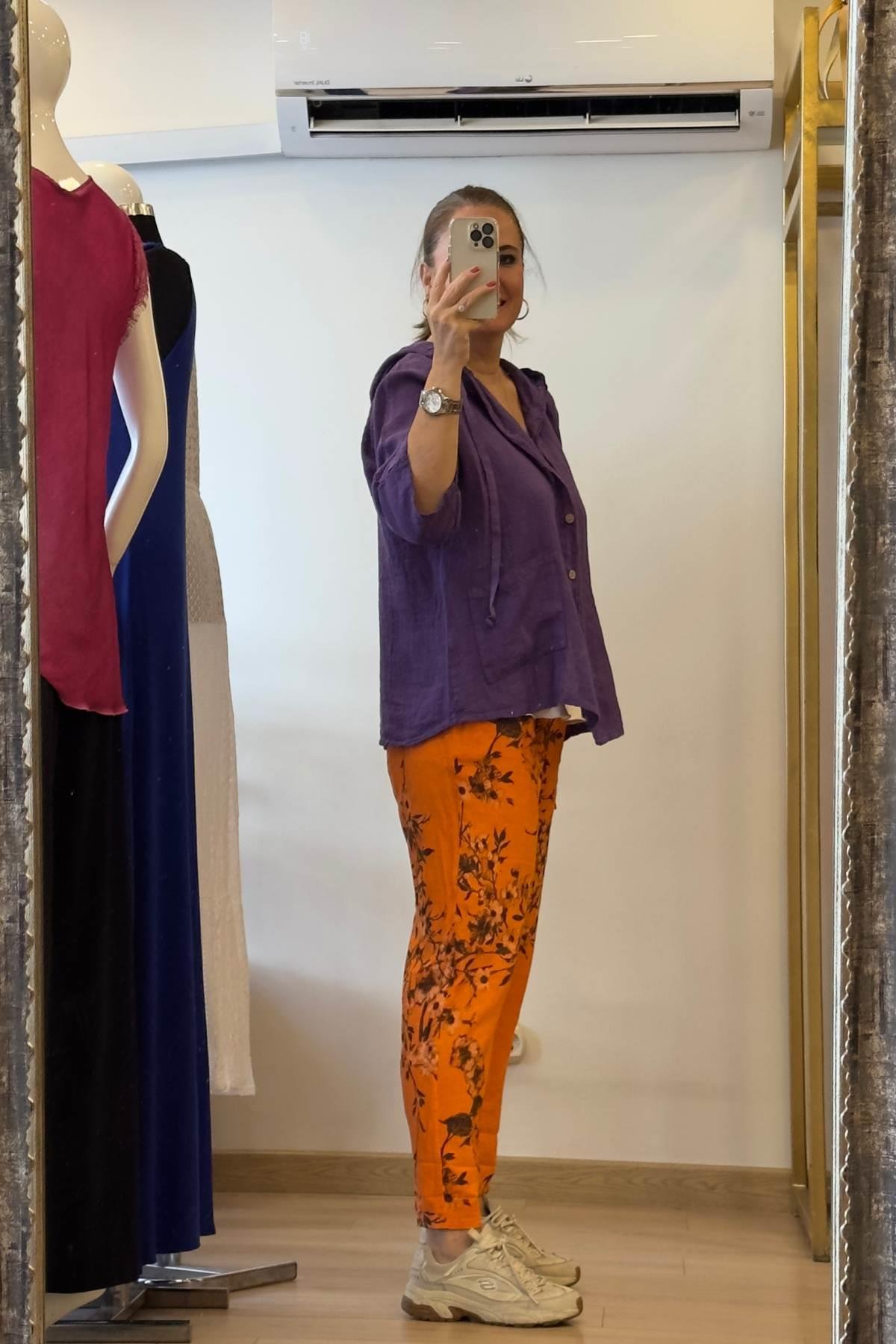 Kapüşonlu Düğmeli Keten Ceket Mor