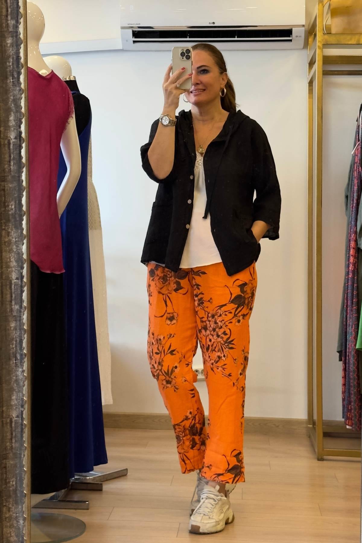 Kapüşonlu Düğmeli Keten Ceket Mor