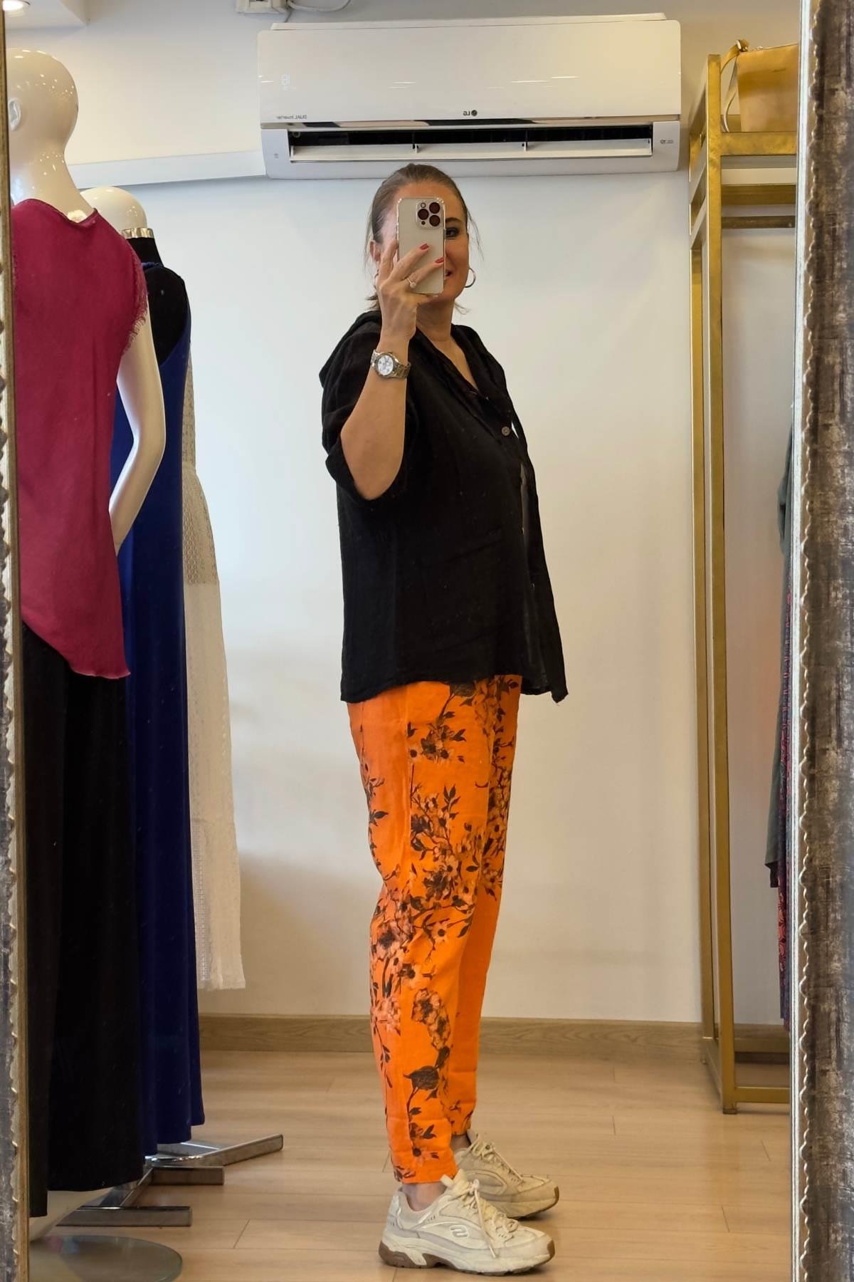 Kapüşonlu Düğmeli Keten Ceket Siyah