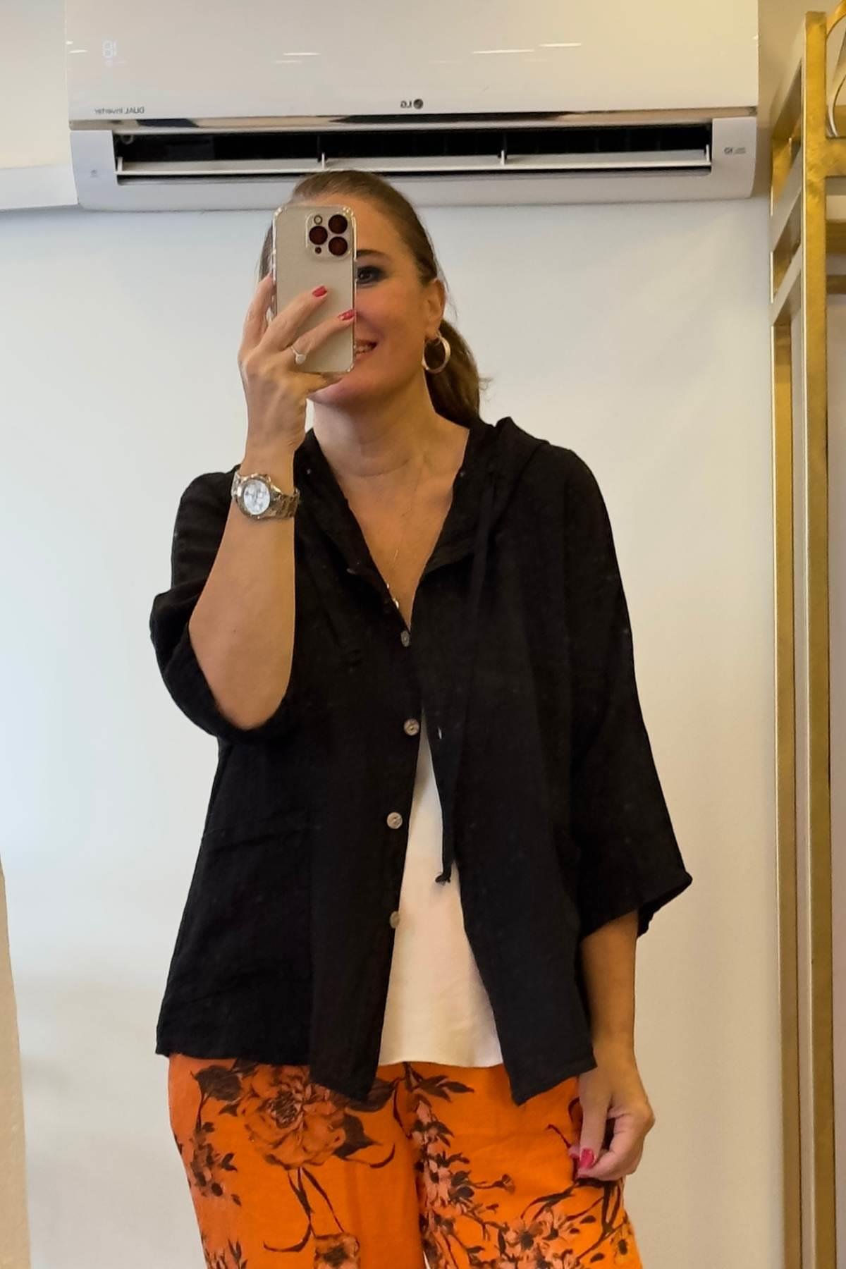 Kapüşonlu Düğmeli Keten Ceket Siyah