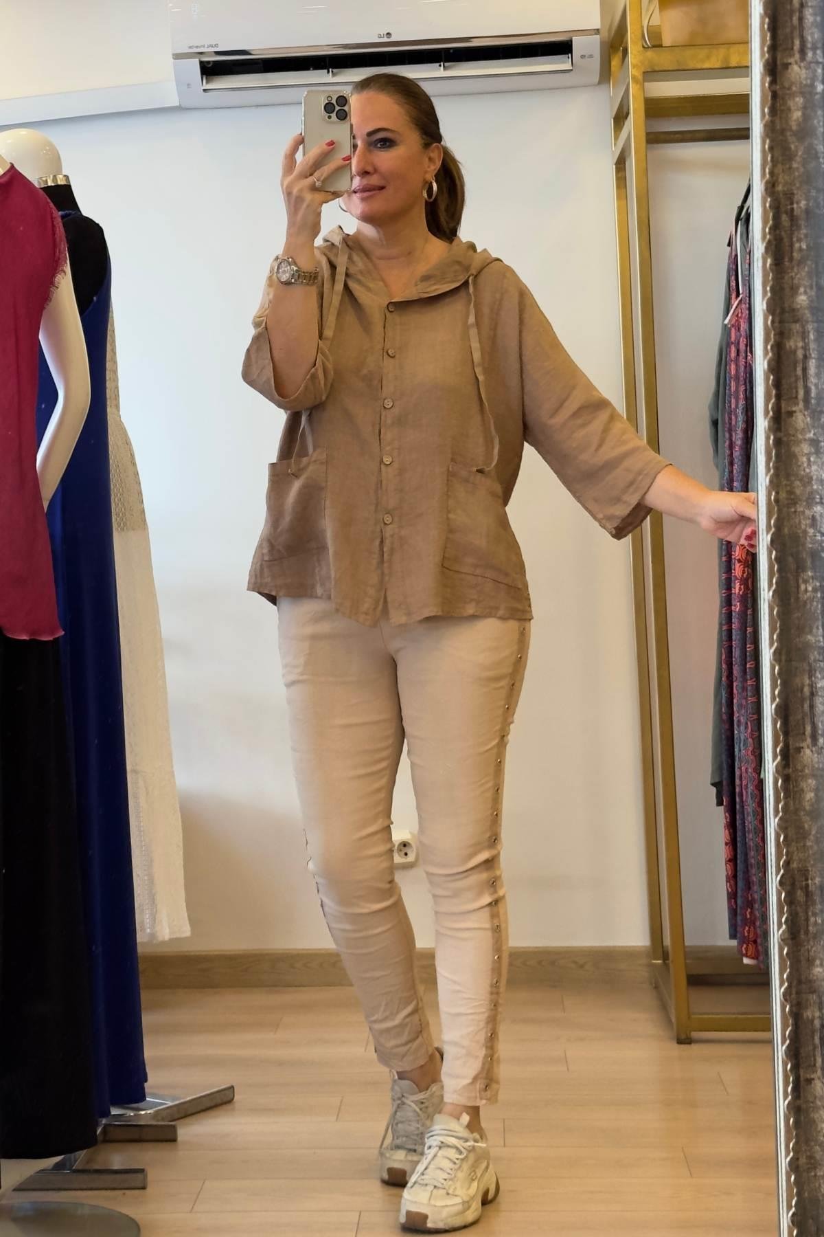 Kapüşonlu Düğmeli Keten Ceket Sütlü Kahve