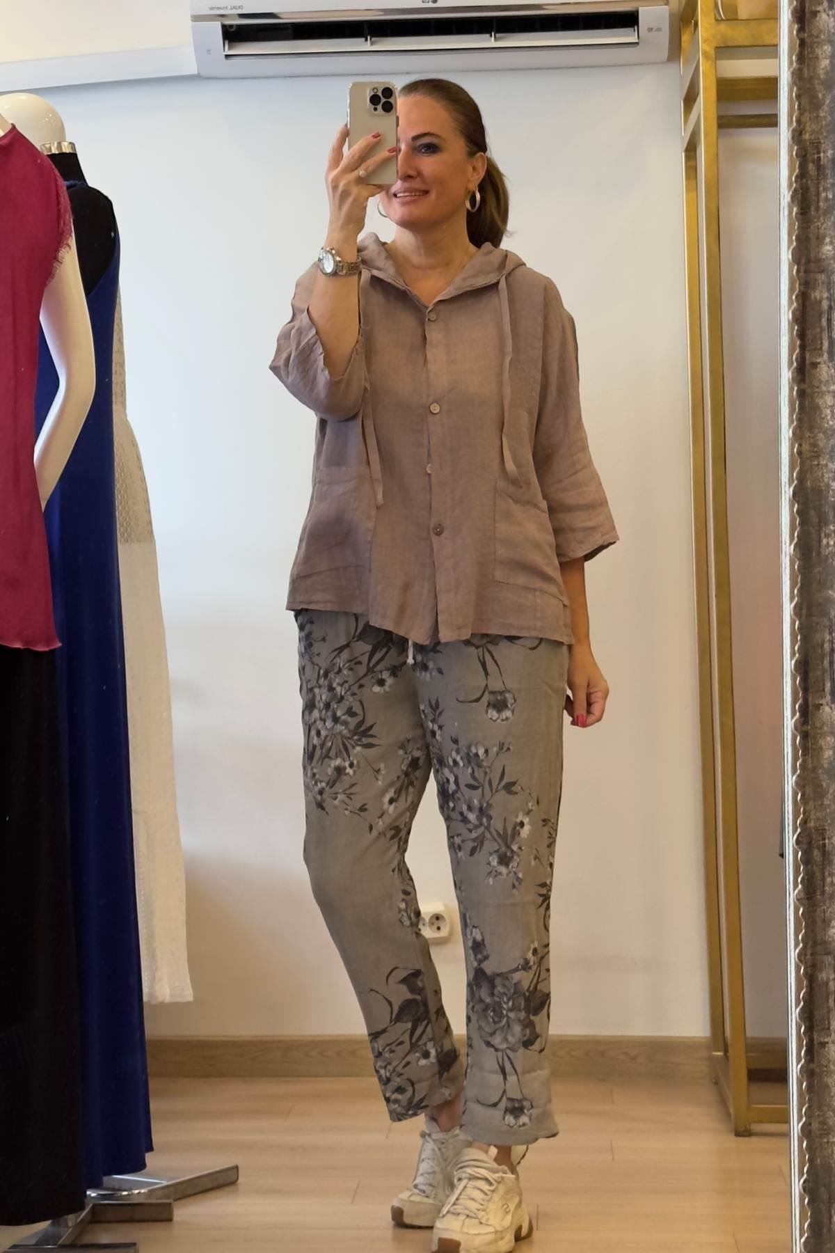 Kapüşonlu Düğmeli Keten Ceket Taş Rengi