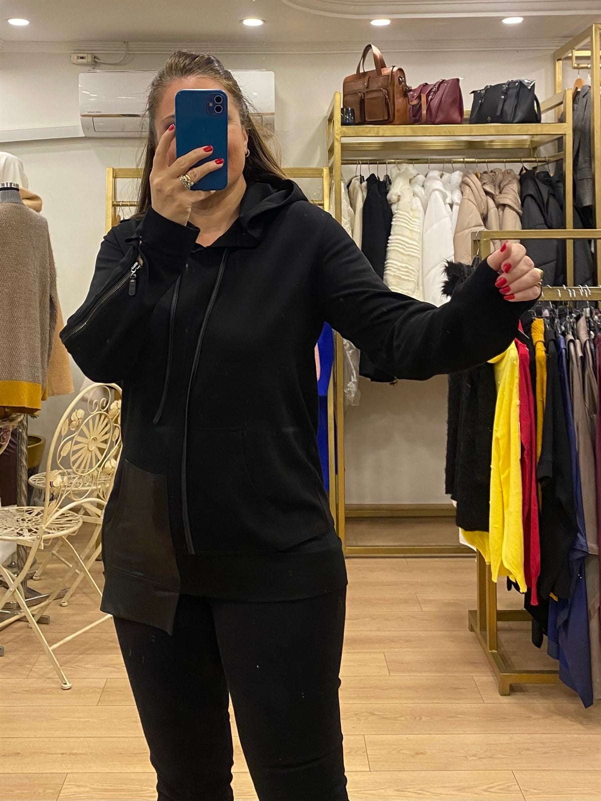 Kapüşonlu Fermuar Detaylı Bluz Siyah