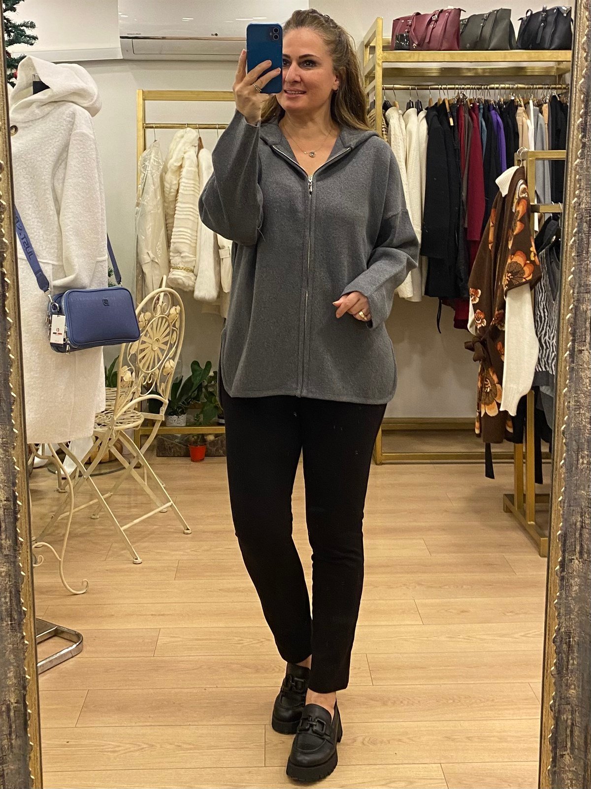 Kapüşonlu Fermuarlı Ceket Gri