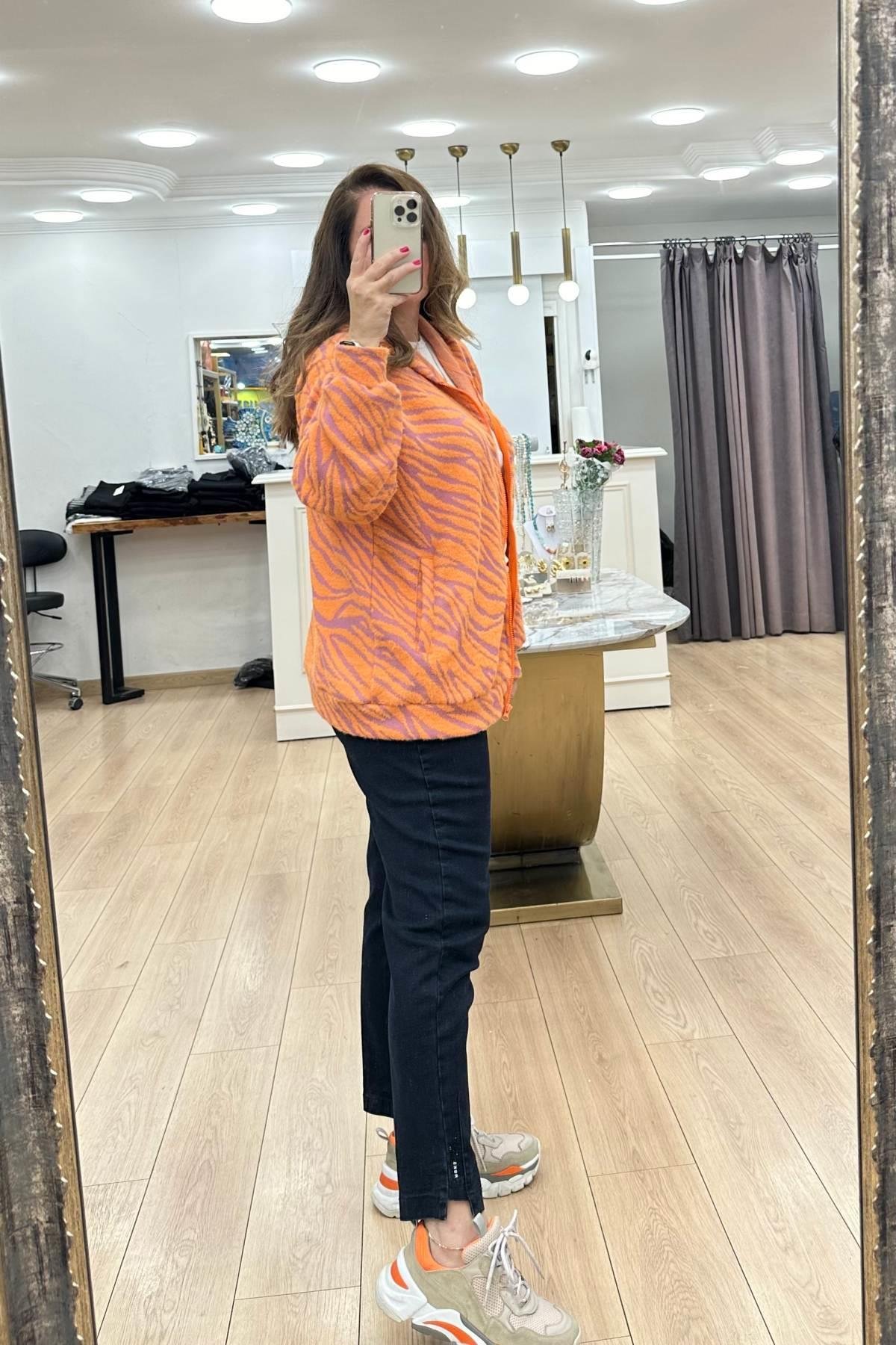 Kapüşonlu Fermuarlı Ceket Turuncu