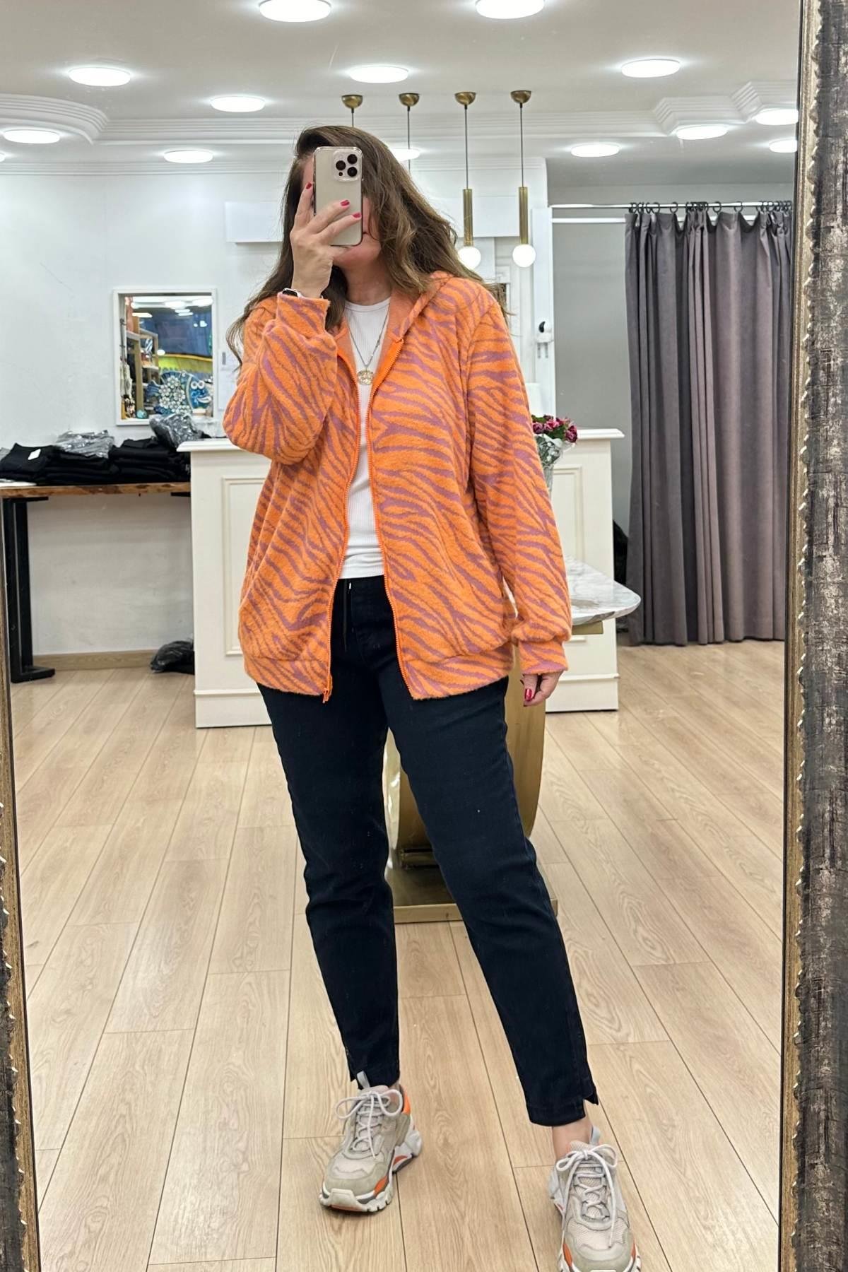 Kapüşonlu Fermuarlı Ceket Turuncu