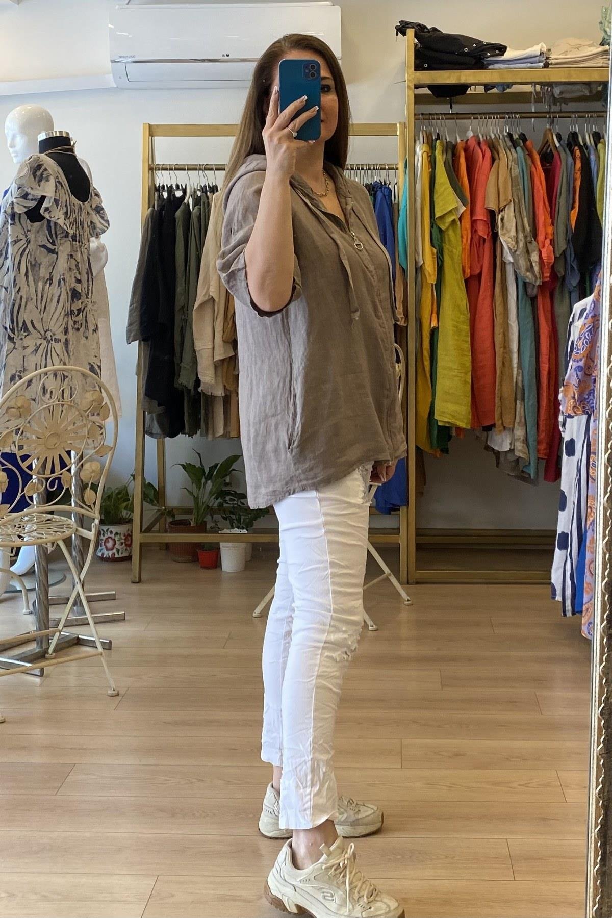 Kapüşonlu Fermuarlı Dirsek Kol Keten Ceket Taş