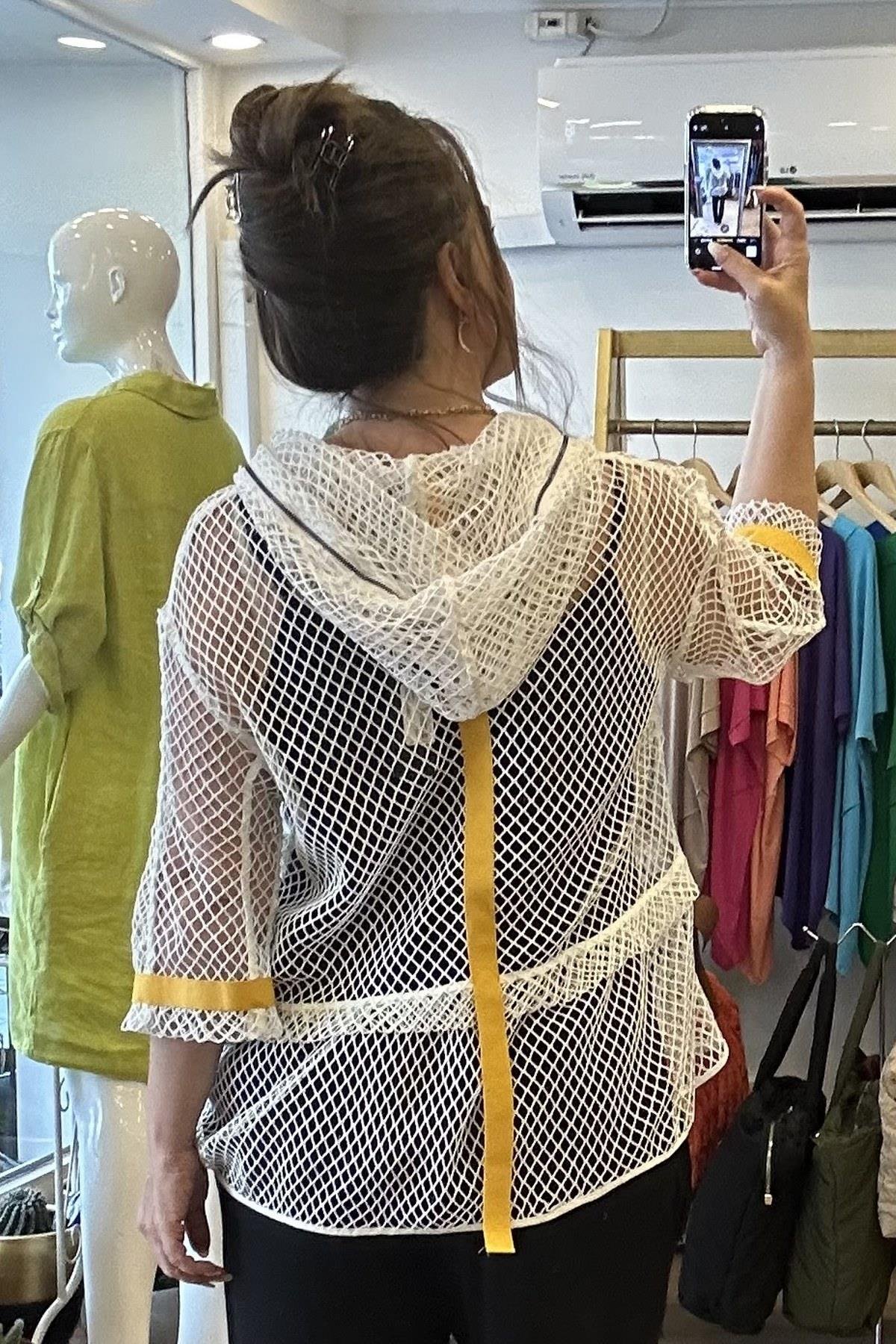 Kapüşonlu File Ceket Beyaz