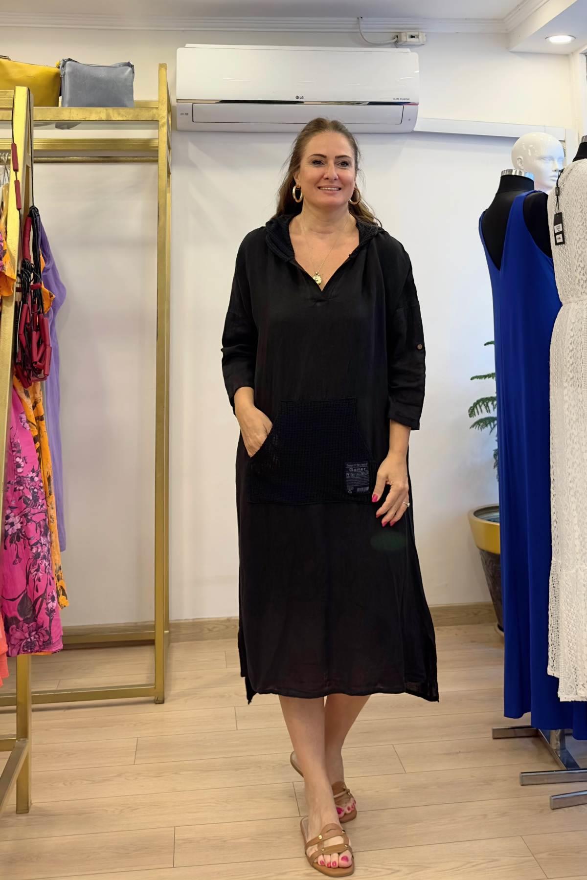 Kapüşonlu File Detaylı Ön Cepli Elbise Siyah