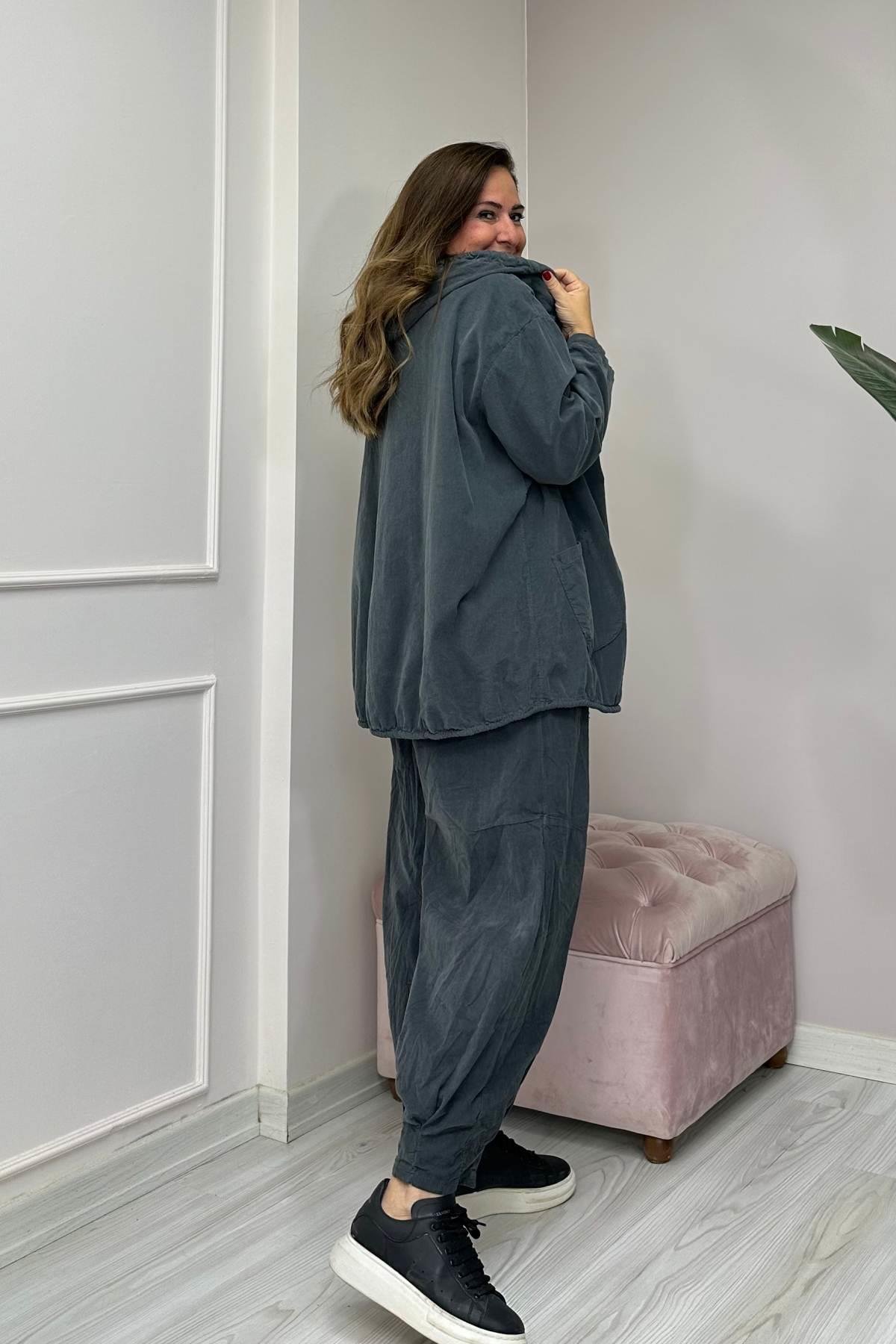 Kapüşonlu Kadife Uzun Ceket Füme