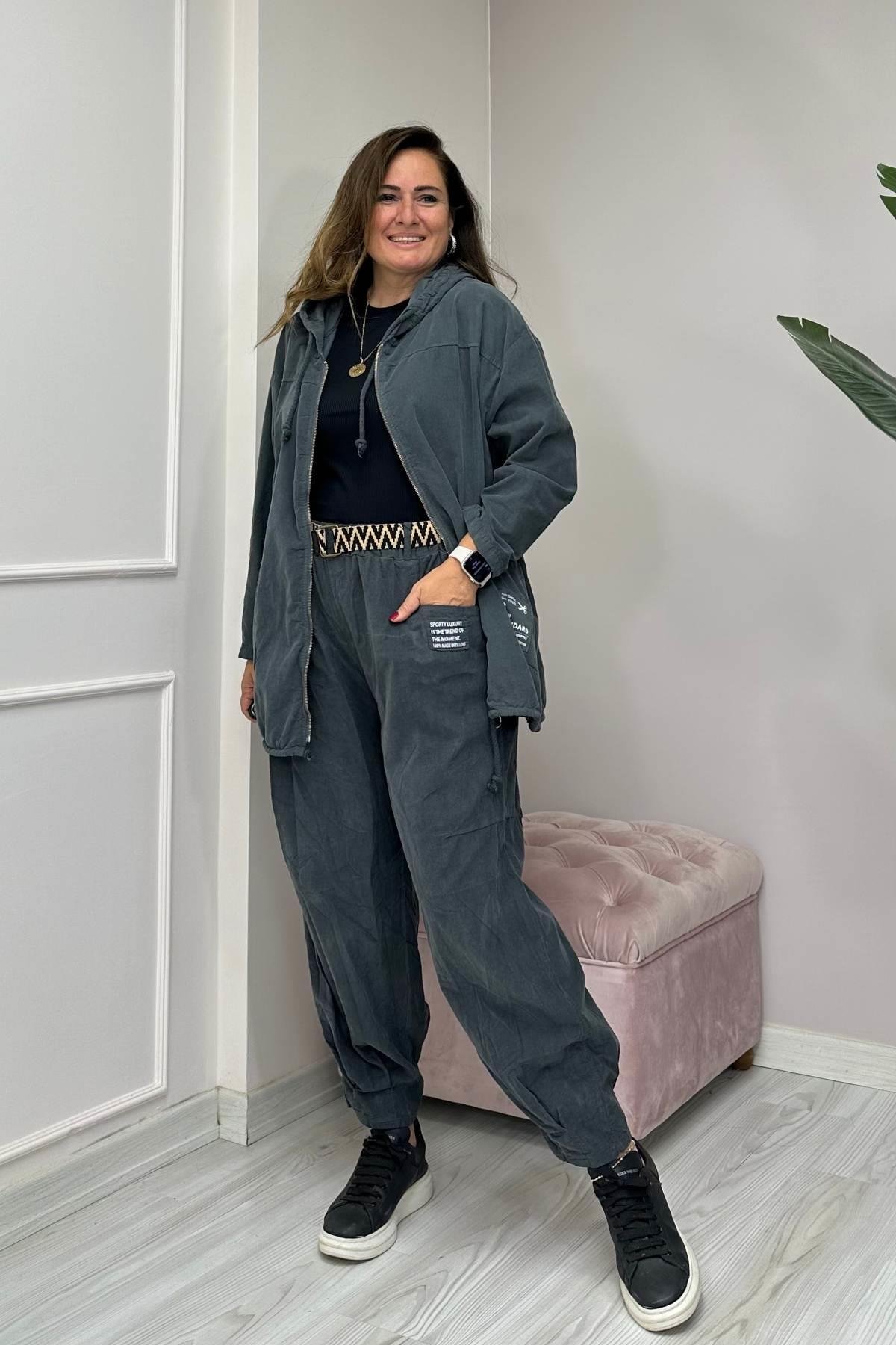 Kapüşonlu Kadife Uzun Ceket Füme