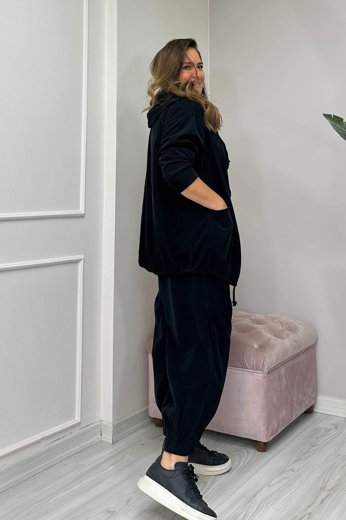 Kapüşonlu Kadife Uzun Ceket Siyah