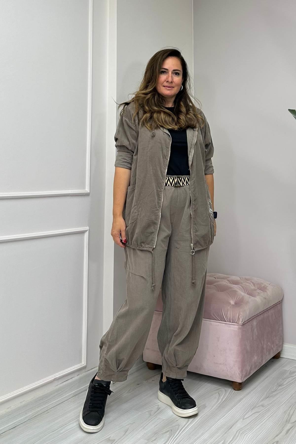 Kapüşonlu Kadife Uzun Ceket Taş Rengi