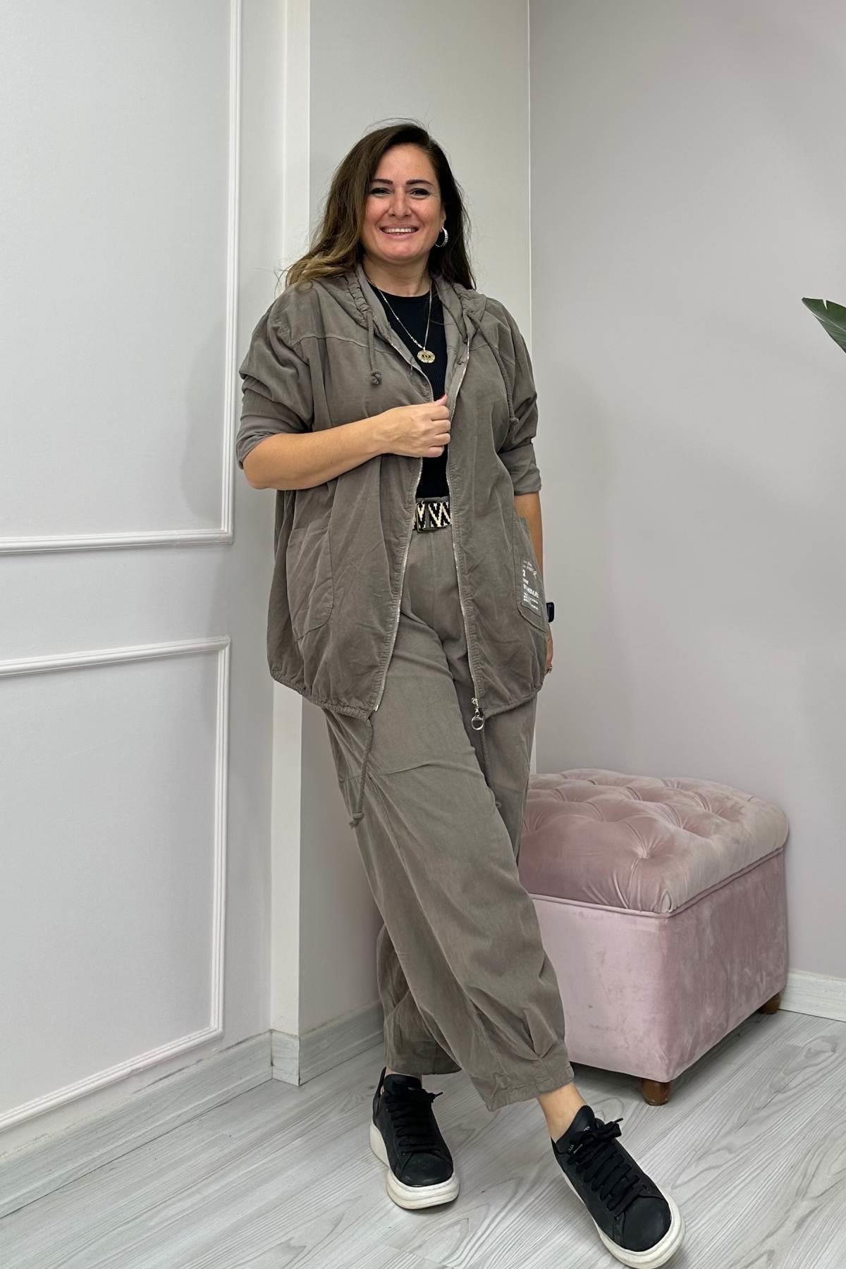 Kapüşonlu Kadife Uzun Ceket Taş Rengi