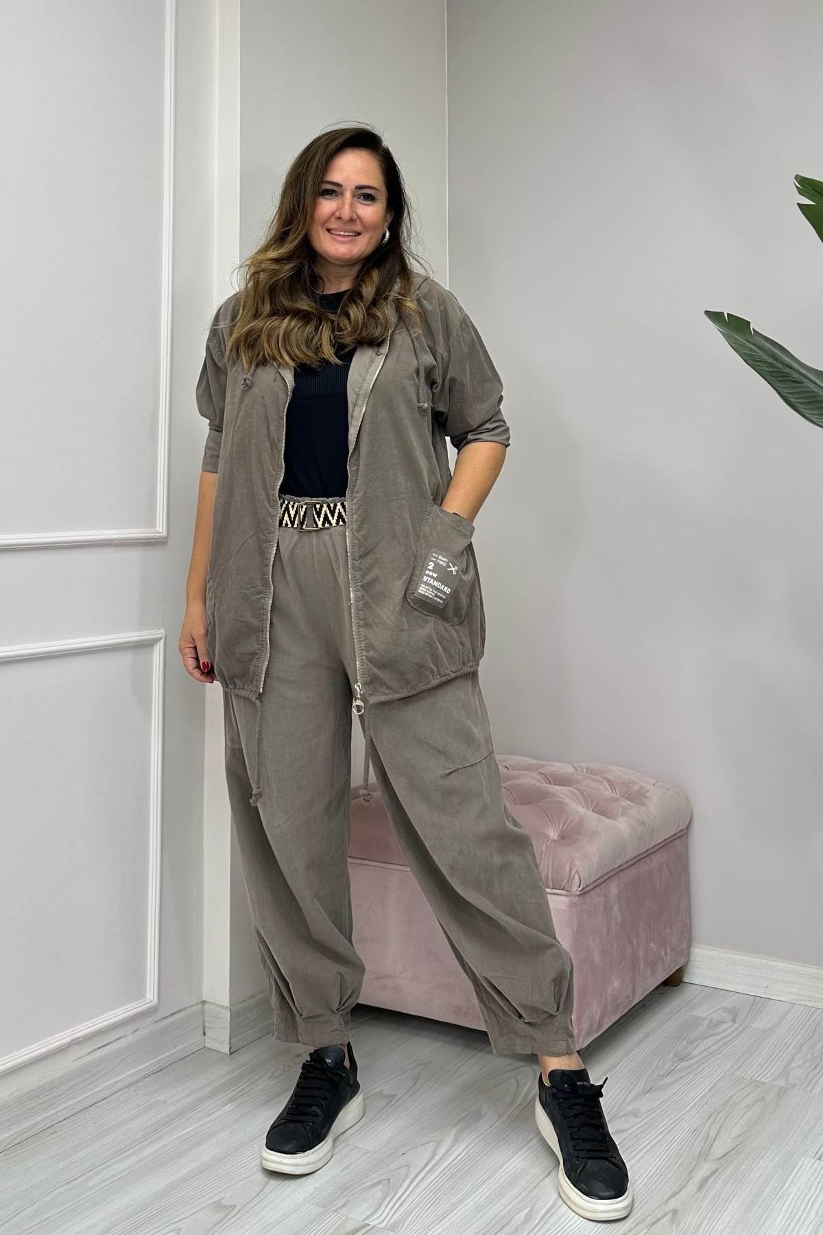 Kapüşonlu Kadife Uzun Ceket Taş Rengi