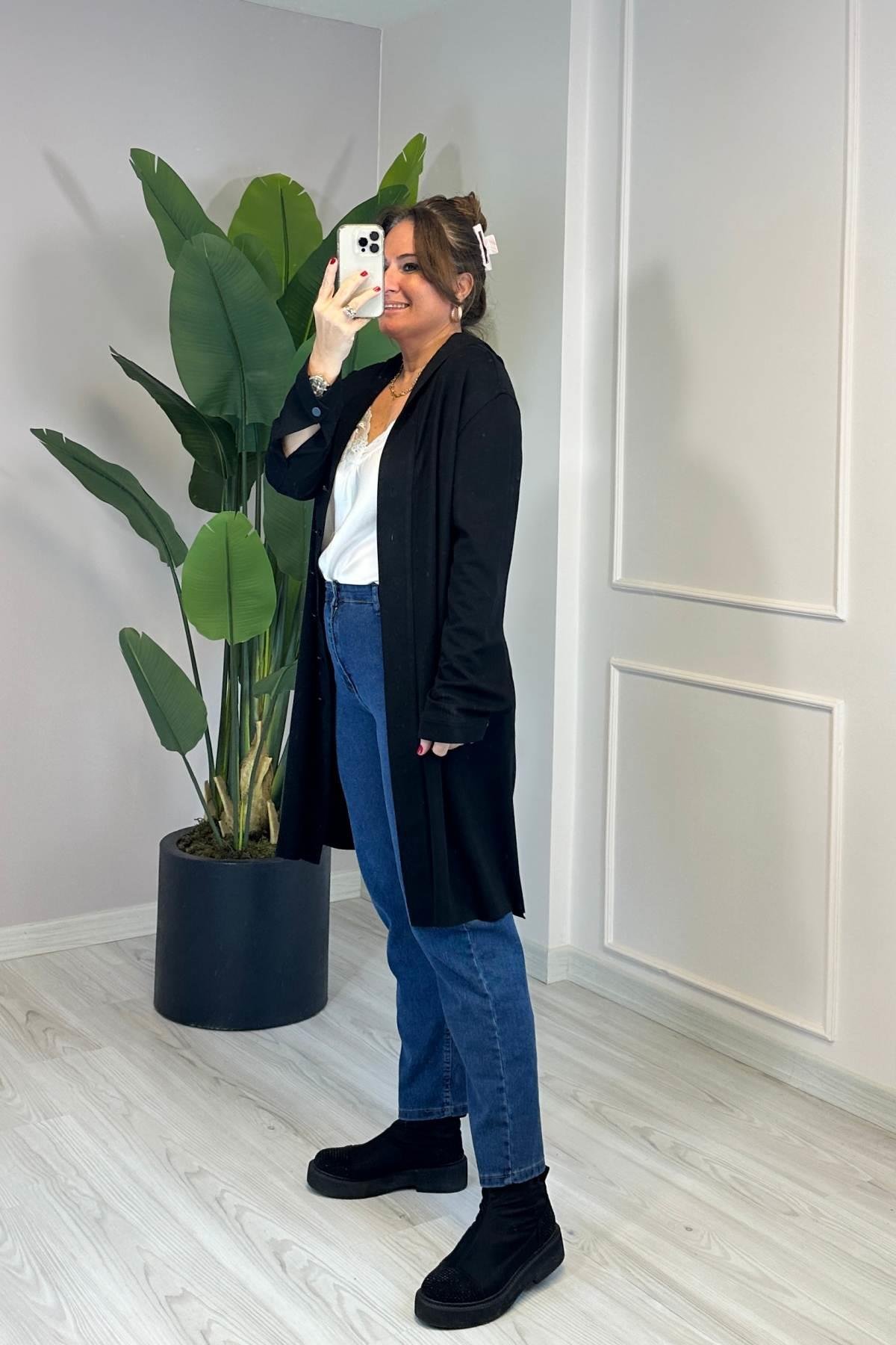 Kapüşonlu Önden Düğmeli Ceket Siyah