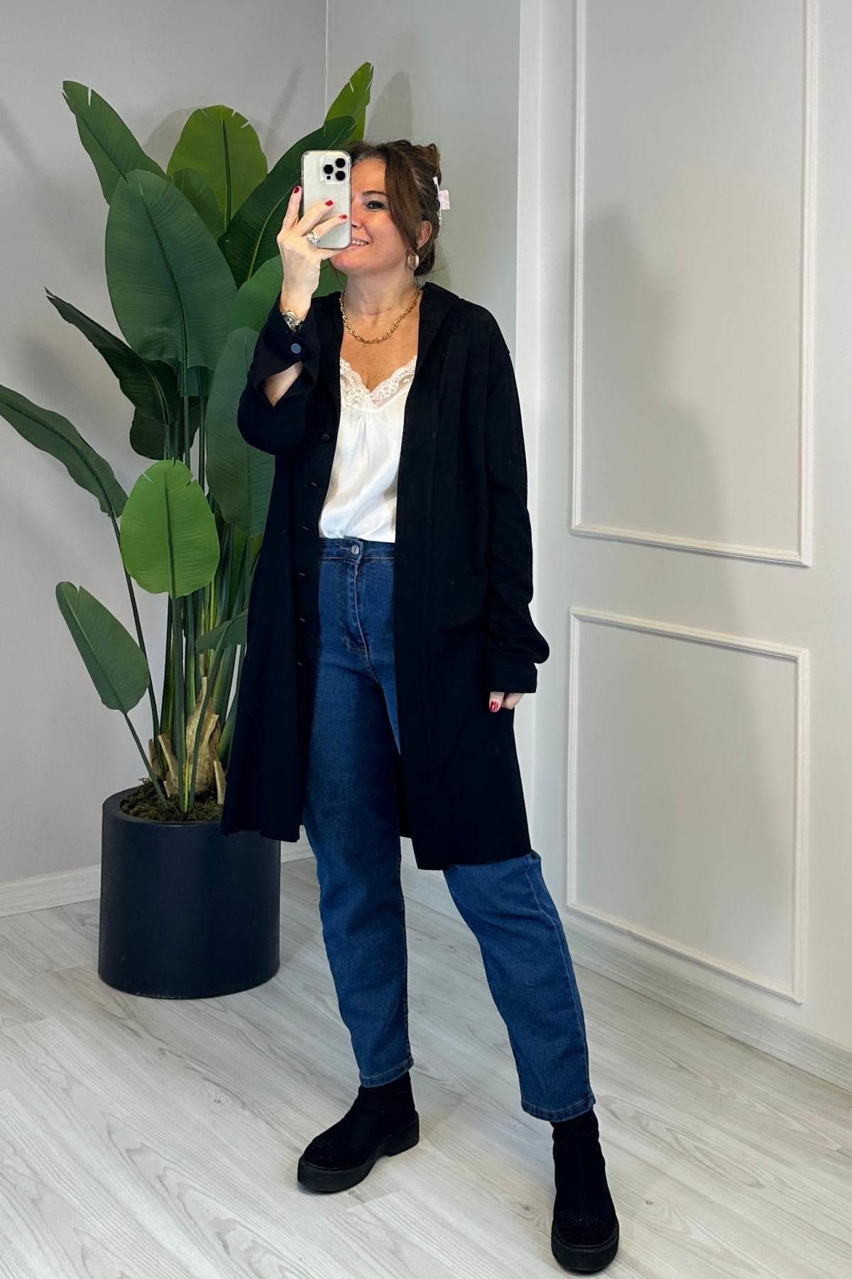 Kapüşonlu Önden Düğmeli Ceket Siyah