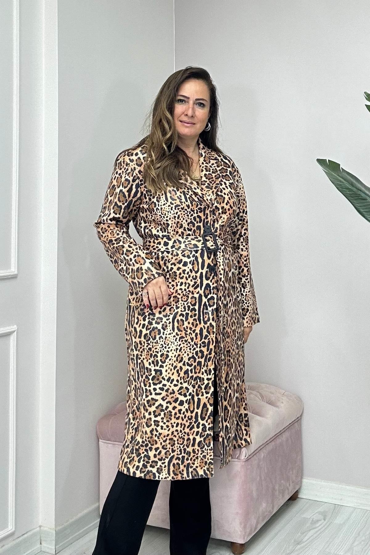 Kendinden Desenli Bel Kemerli Trençkot Kahverengi