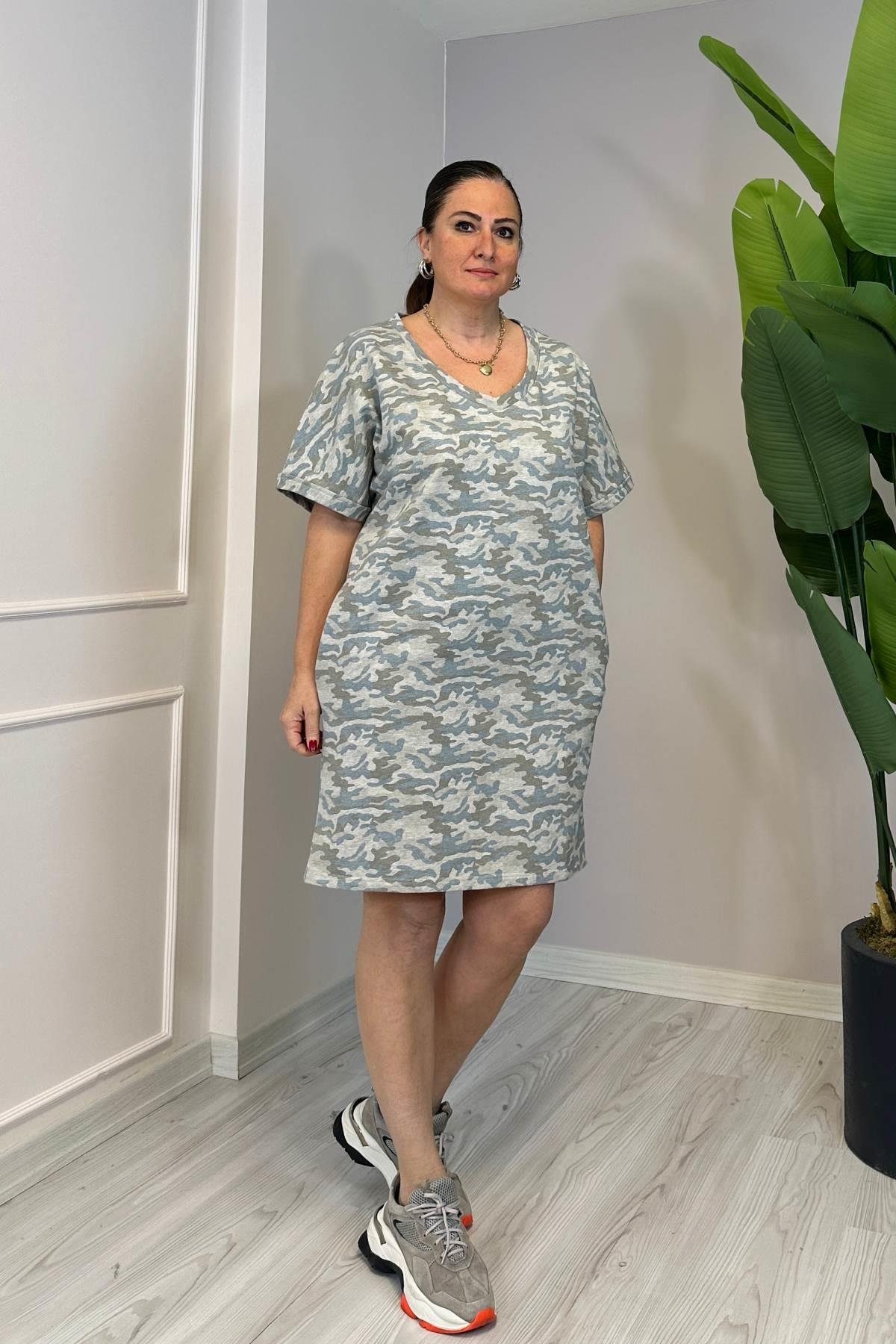 Kendinden Desenli Düşük Kol Elbise Gri