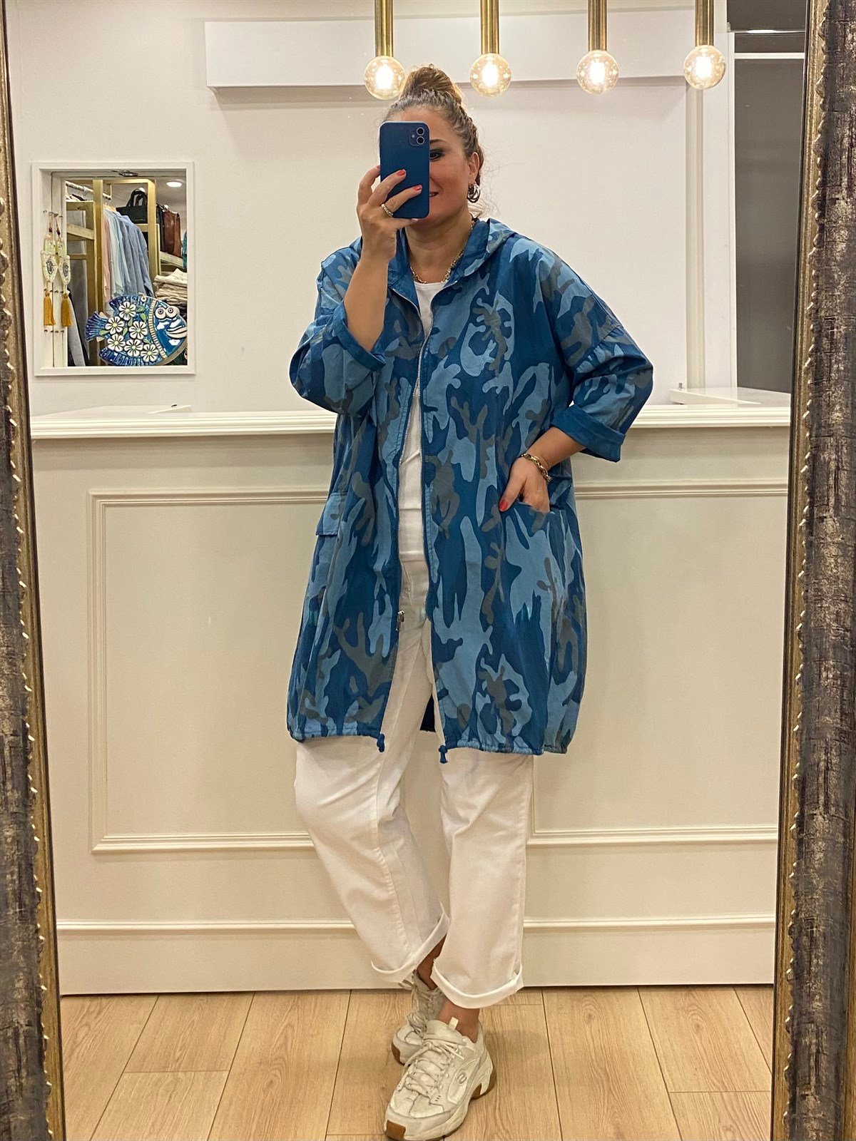 Kendinden Desenli Oversize Trençkot Mavi