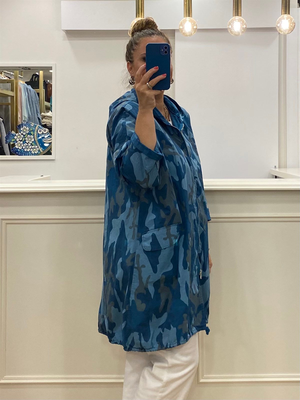 Kendinden Desenli Oversize Trençkot Mavi