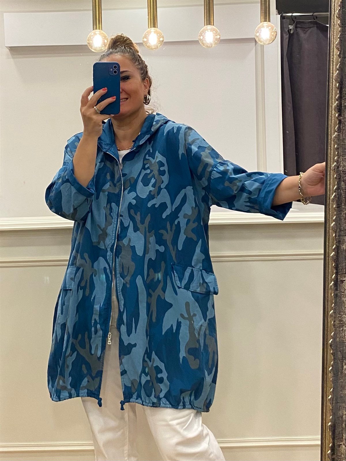 Kendinden Desenli Oversize Trençkot Mavi